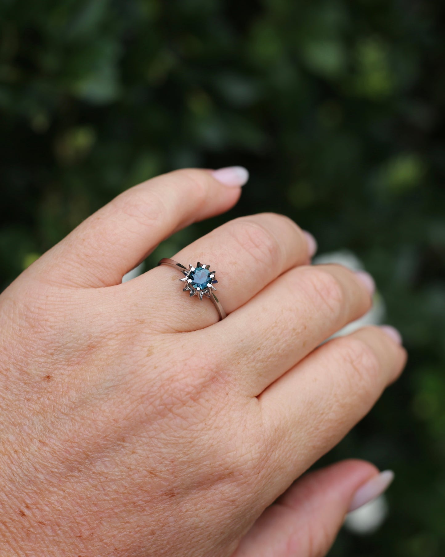 Teal and Bluey Purple Parti Sapphire Solitaire, 18ct White Gold, size R or 8.5