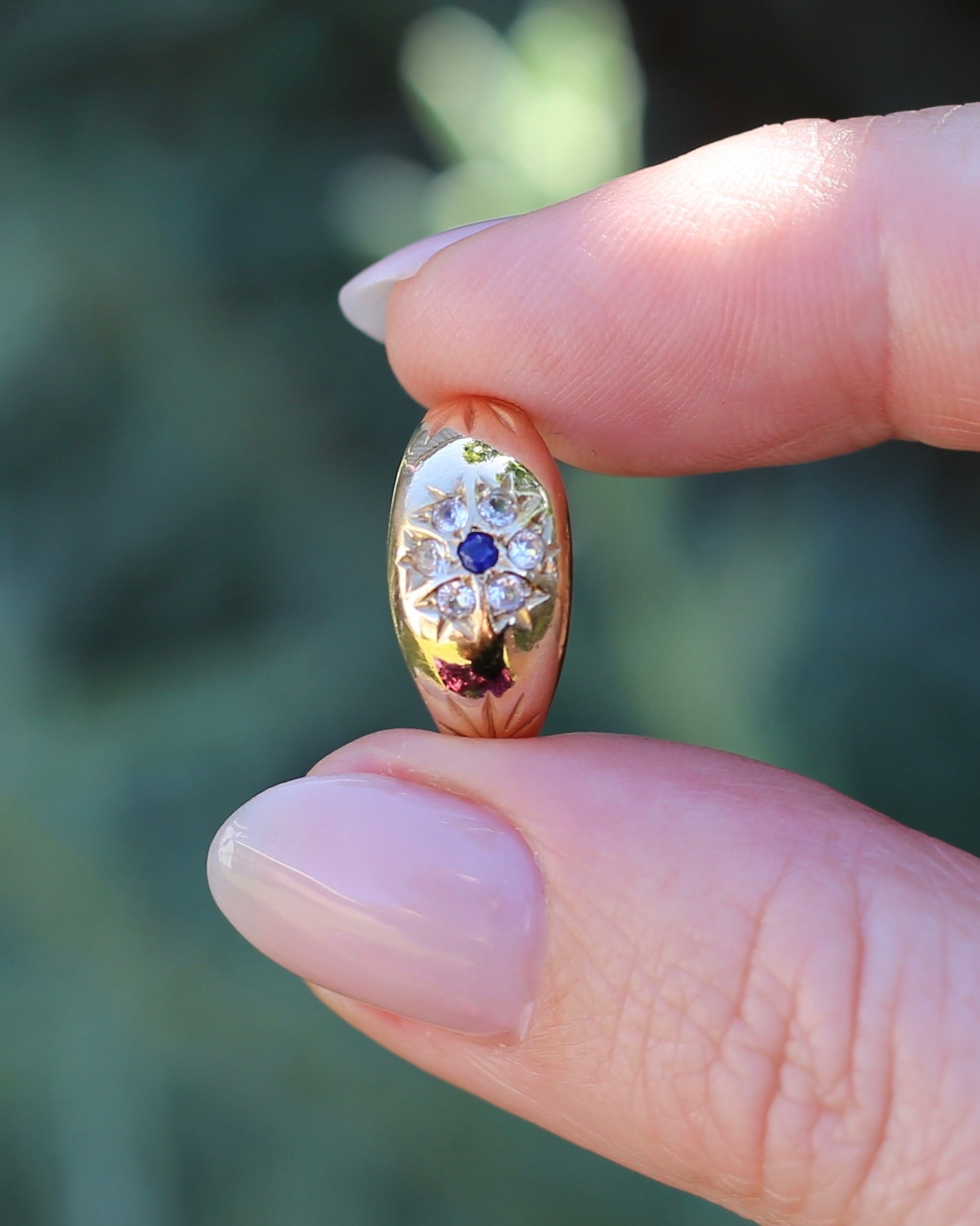 Vintage 1994 Birmingham Made Sapphire and White Stone Floral Cluster in Domed Ring, 9ct Yellow Gold, size J1/2 or 5