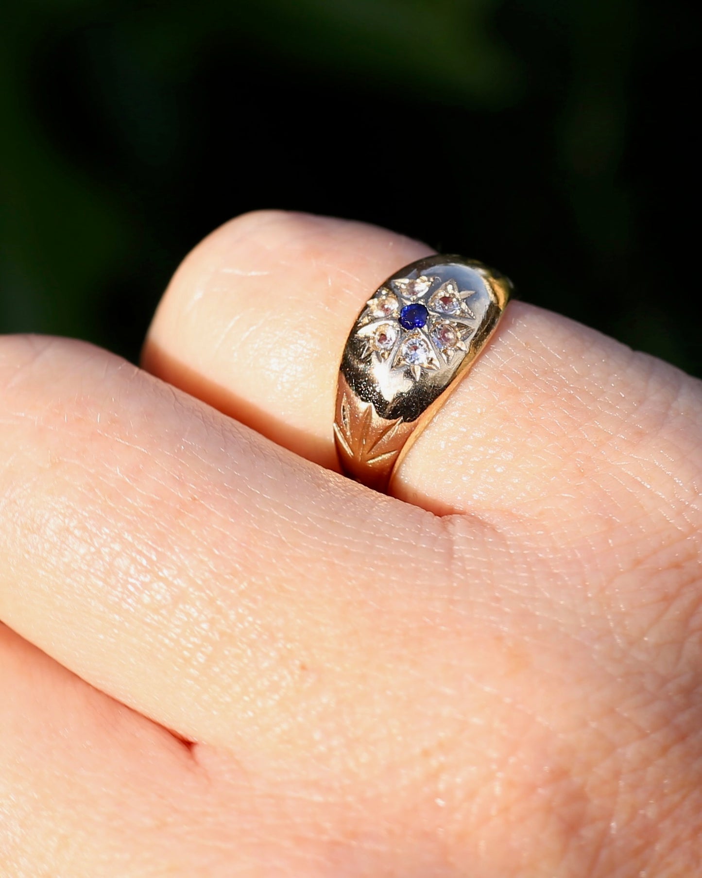 Vintage 1994 Birmingham Made Sapphire and White Stone Floral Cluster in Domed Ring, 9ct Yellow Gold, size J1/2 or 5