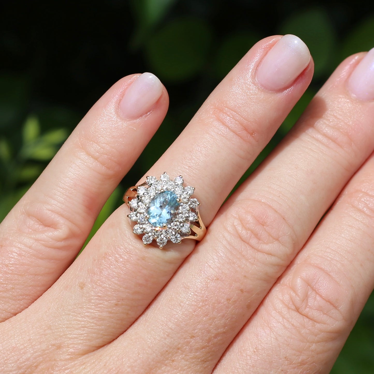 1.1ct Oval Aquamarine and Double Diamond Halo (0.88ct), 9ct White and Yellow Gold, size 6.25 or M