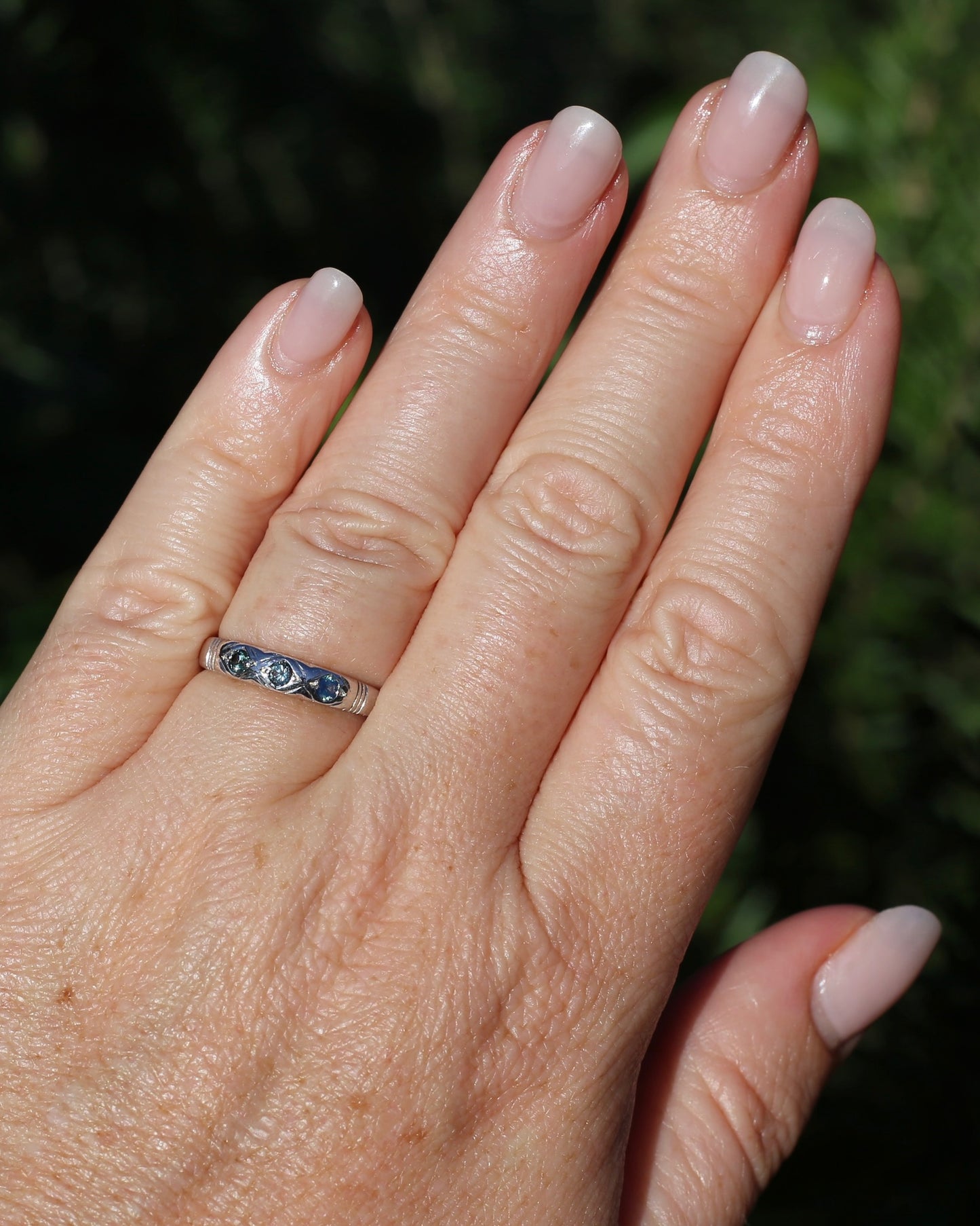 ON HOLD Australian Parti Sapphire Trilogy, 9ct White Gold Band, size N1/2 or just under 7, 2.67g