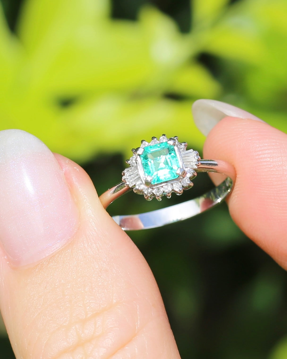 Natural Square Step Cut Emerald and Diamond Baguette Ballerina Skirt, Platinum Ring, size O or 7.25
