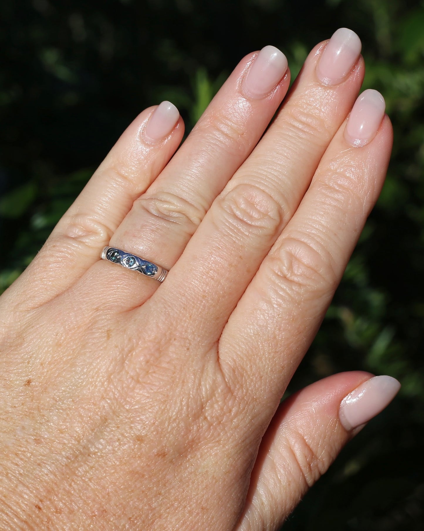 ON HOLD Australian Parti Sapphire Trilogy, 9ct White Gold Band, size N1/2 or just under 7, 2.67g