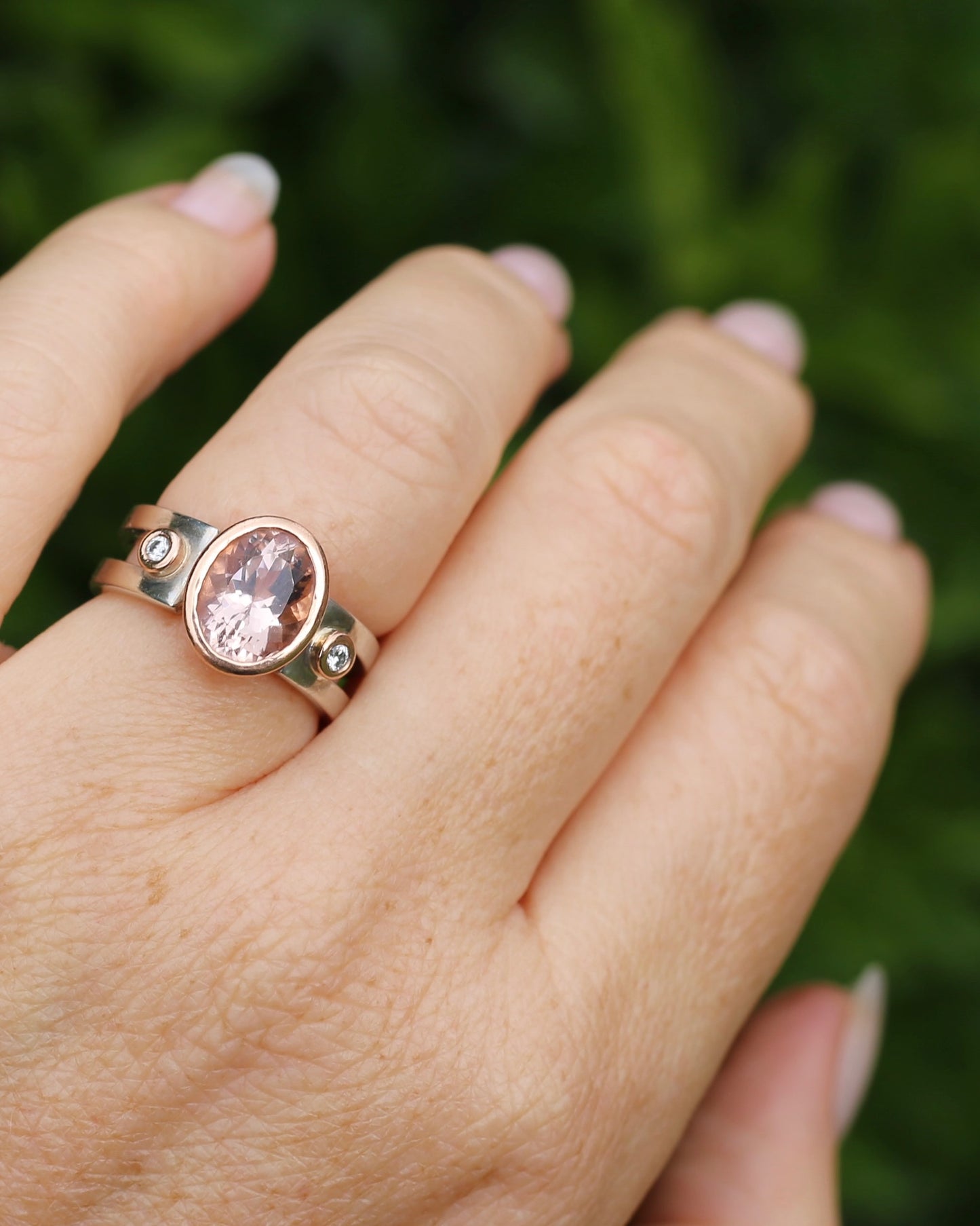Chunky Bezel Set Morganite and Diamond Ring, 9ct Rose Gold and Silver, size P or 7.5 (fits smaller)