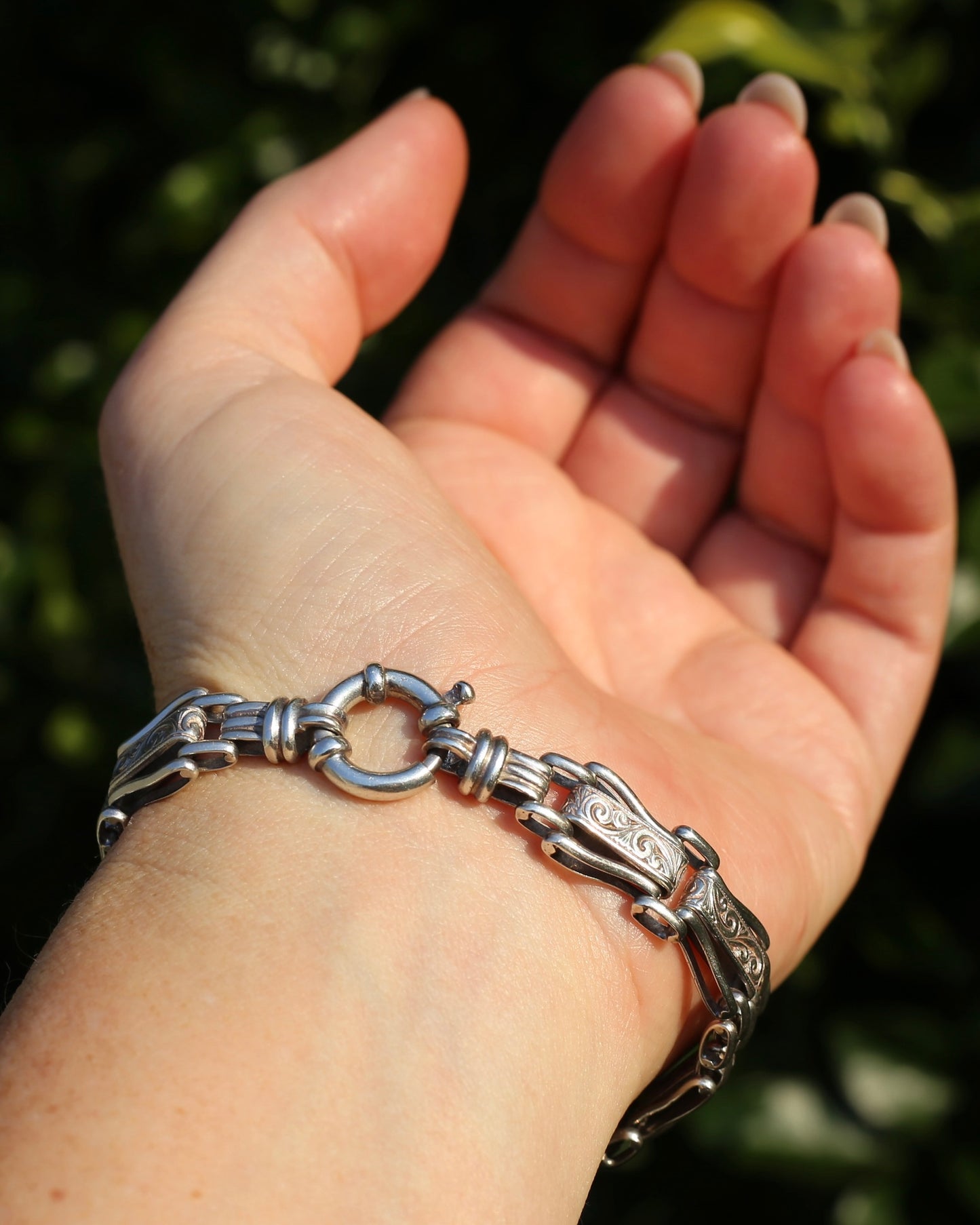 Fancy Link Engraved Bracelet, Sterling Silver, With Italian Bolt Clasp, 24.3g, 19cm