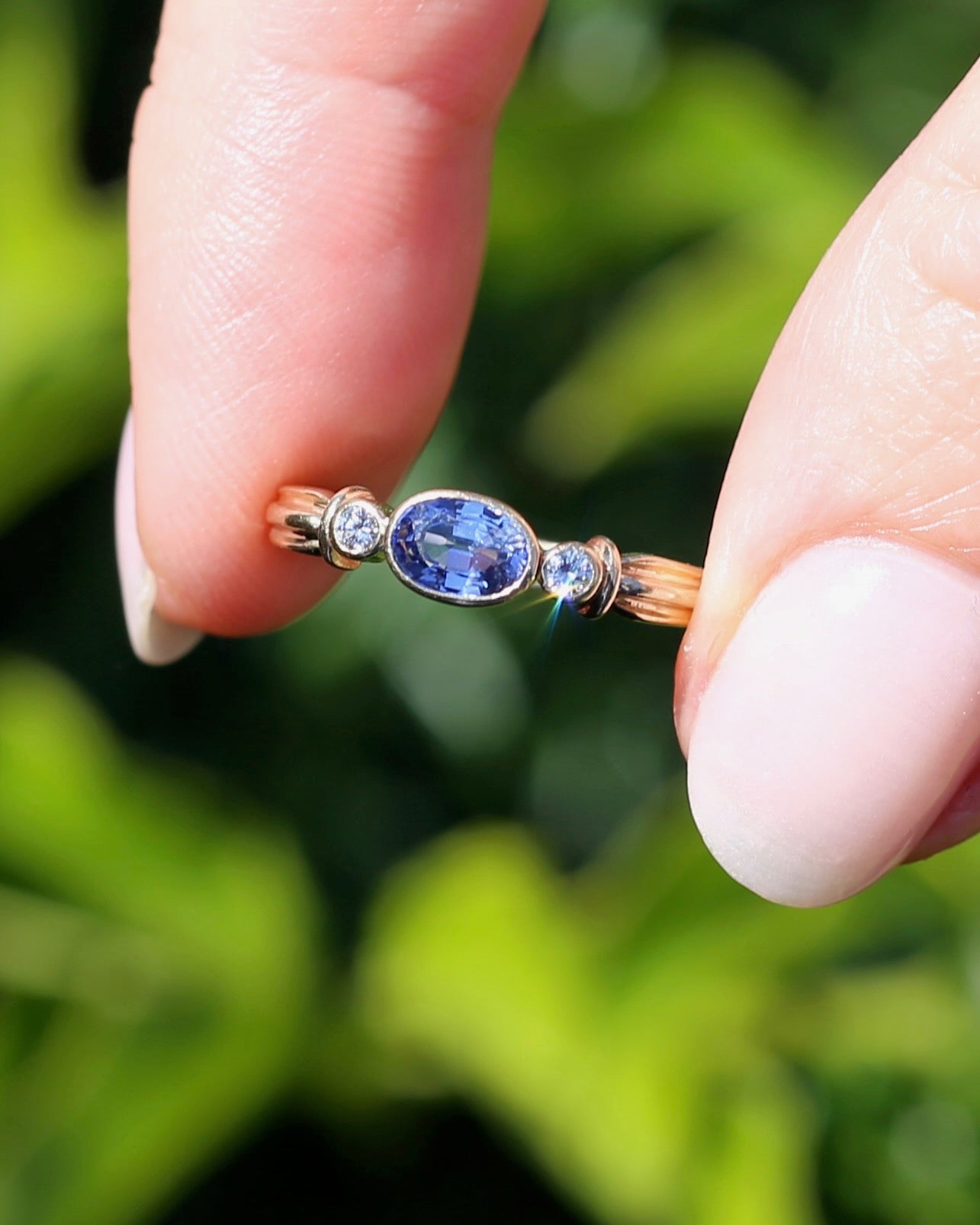 Vintage Bezel Set Cornflower Blue Sapphire and Diamond Ring, 9ct Yellow Gold, size O or 7.25