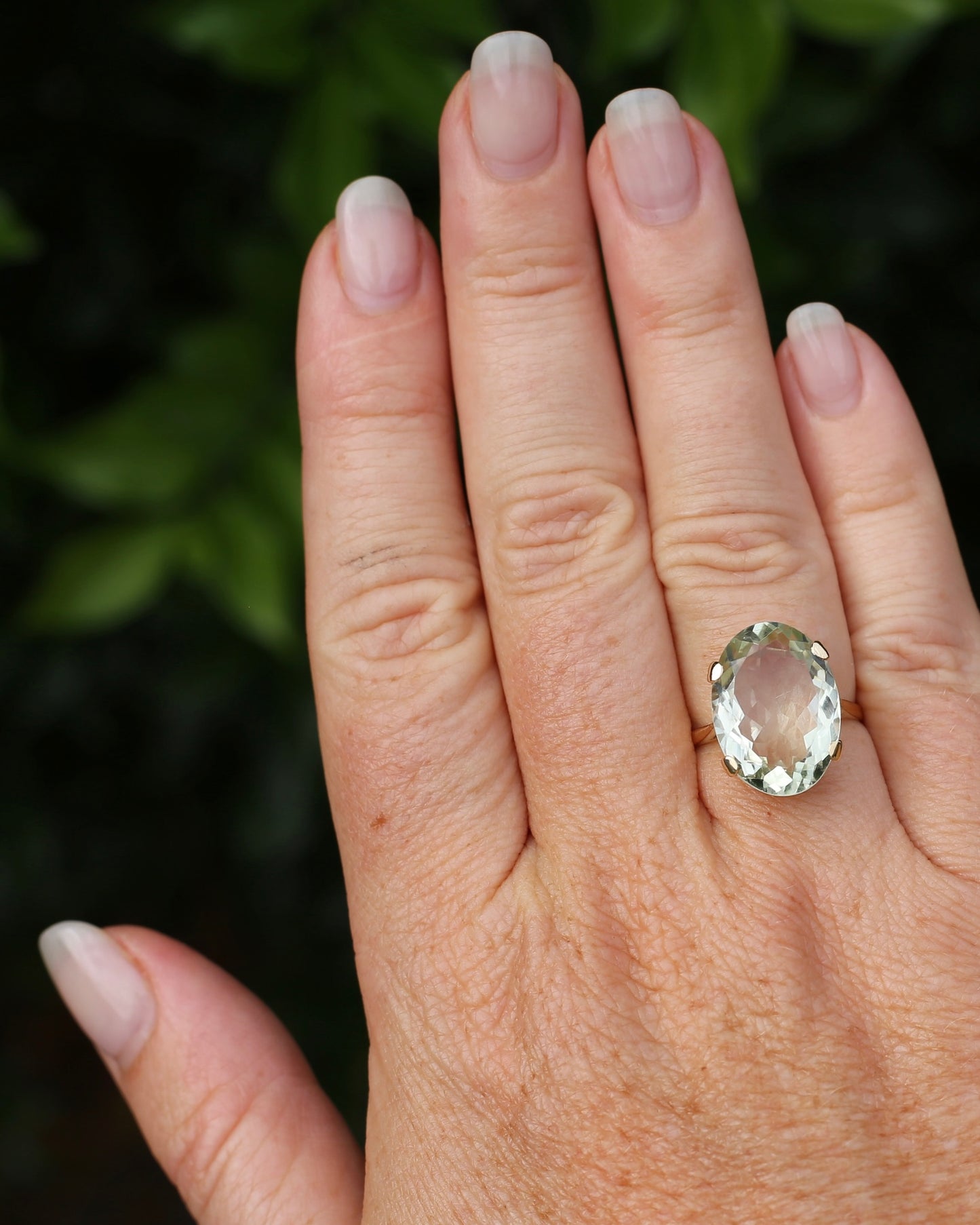 Vintage 10.5ct Oval Prasiolite or Green Amethyst Ring, 9ct Yellow Gold, size N1/2 or 7, 4.60g