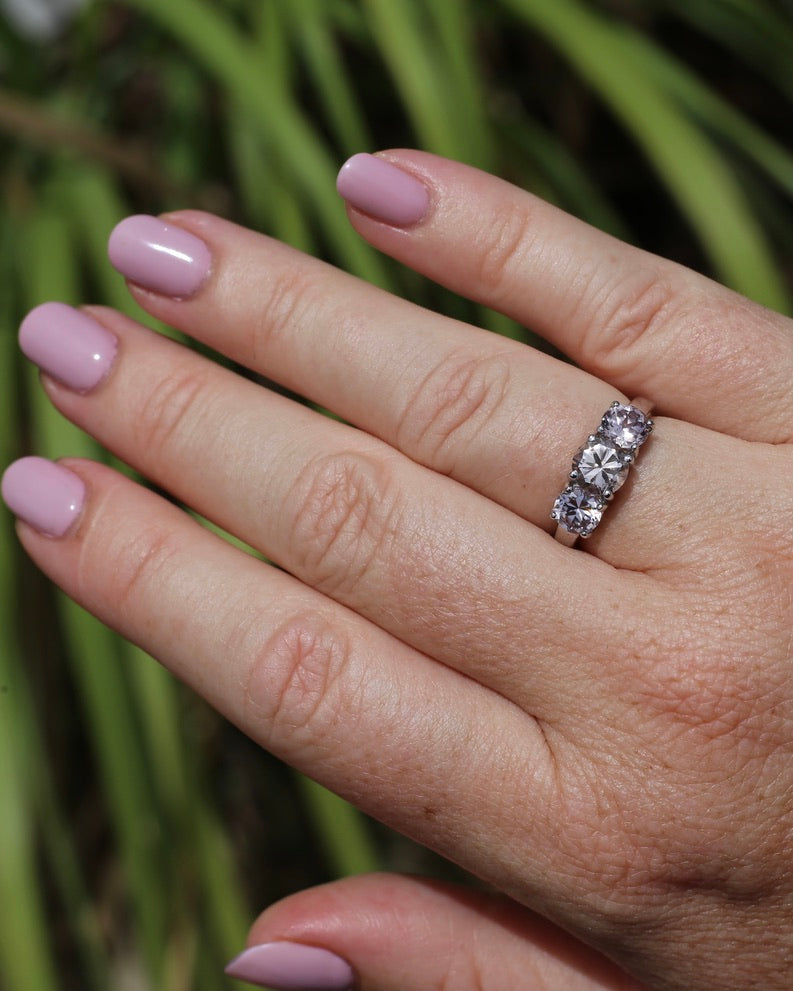 3.7ct Pale Pink Australian Zircon Trilogy Ring, 10ct and 18ct White Gold, size O or just over 7, 3.72g