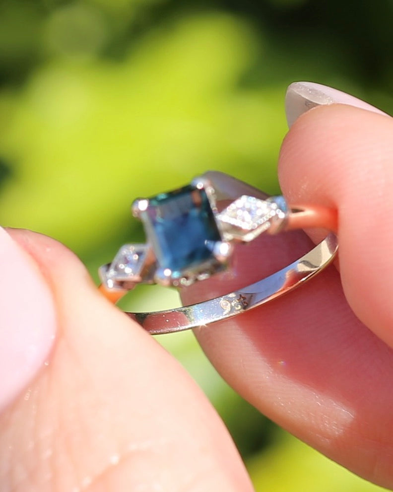 1.09ct Emerald Cut Teal Australian Sapphire With Diamonds in Vintage Trilogy Setting, 9ct Yellow and White Gold, size N1/2 or 6.75, 2.05g