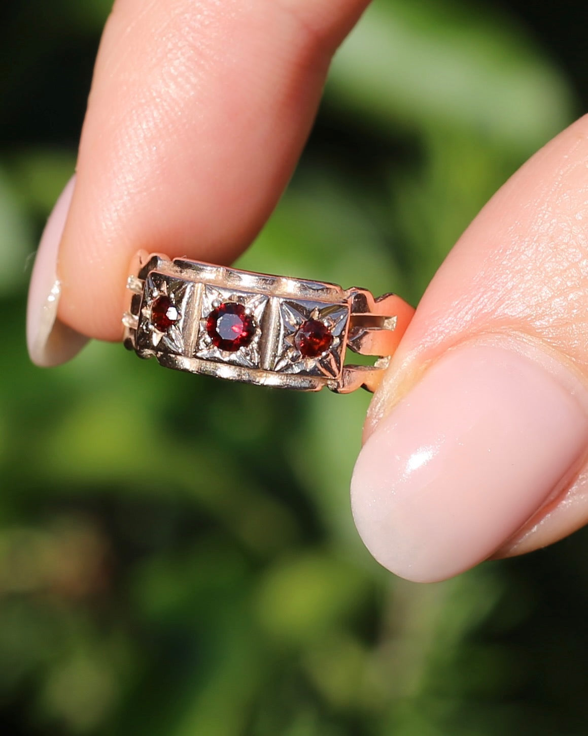 Vintage Victorian Revival Garnet Trilogy Star Set Ring, 9ct Rosey Gold, size P or 7.75, 3.16g