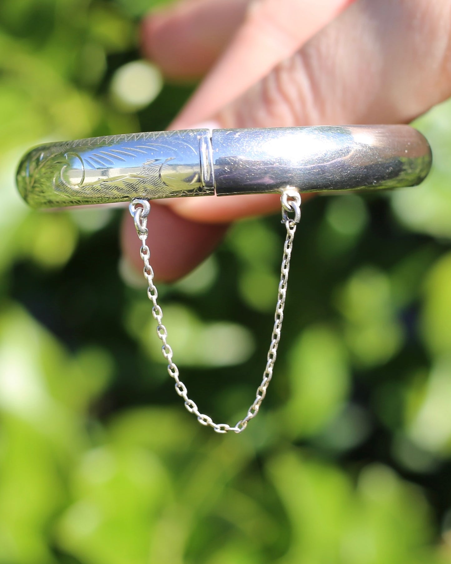 Vintage Hinged Engraved Silver Hollow Bangle, Sterling Silver