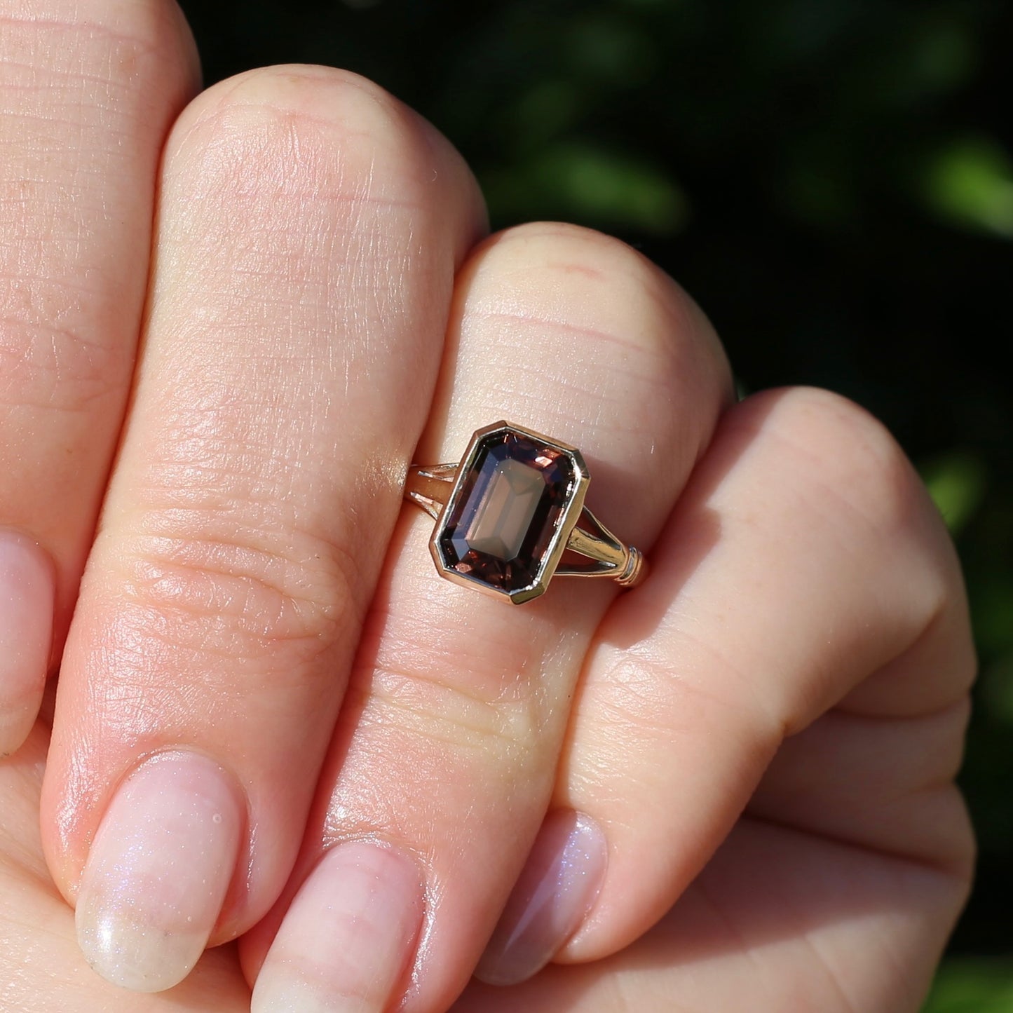 Custom Cut 4.36ct Octagonal Brown Zircon, Bezel Set, 9ct Yellow Gold, size L1/2 or 6