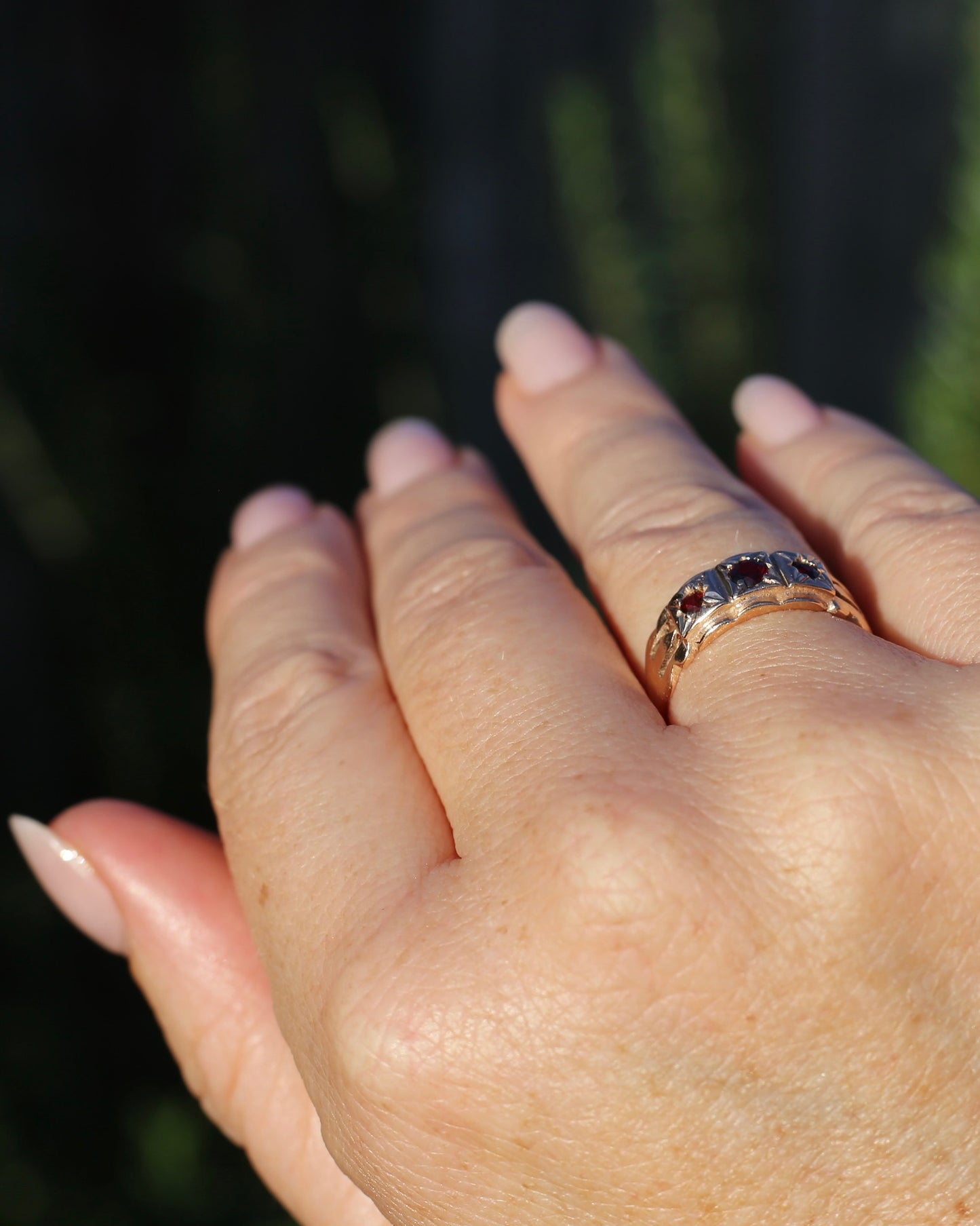 Vintage Victorian Revival Garnet Trilogy Star Set Ring, 9ct Rosey Gold, size P or 7.75, 3.16g
