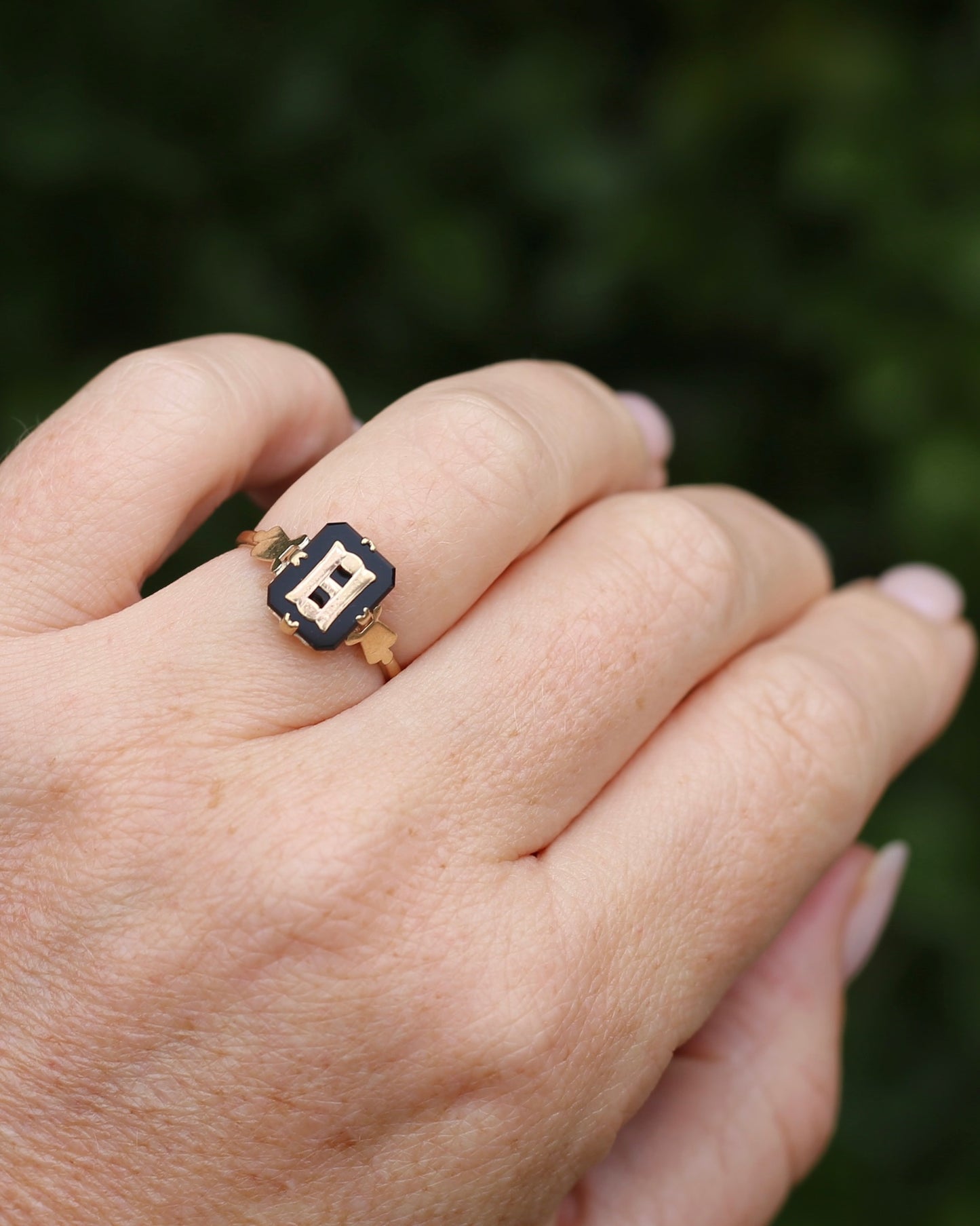 "H/B" Vintage Onyx and 9ct Yellow Gold Signet Ring, 9ct Yellow Gold, size N1/2 or 6.75