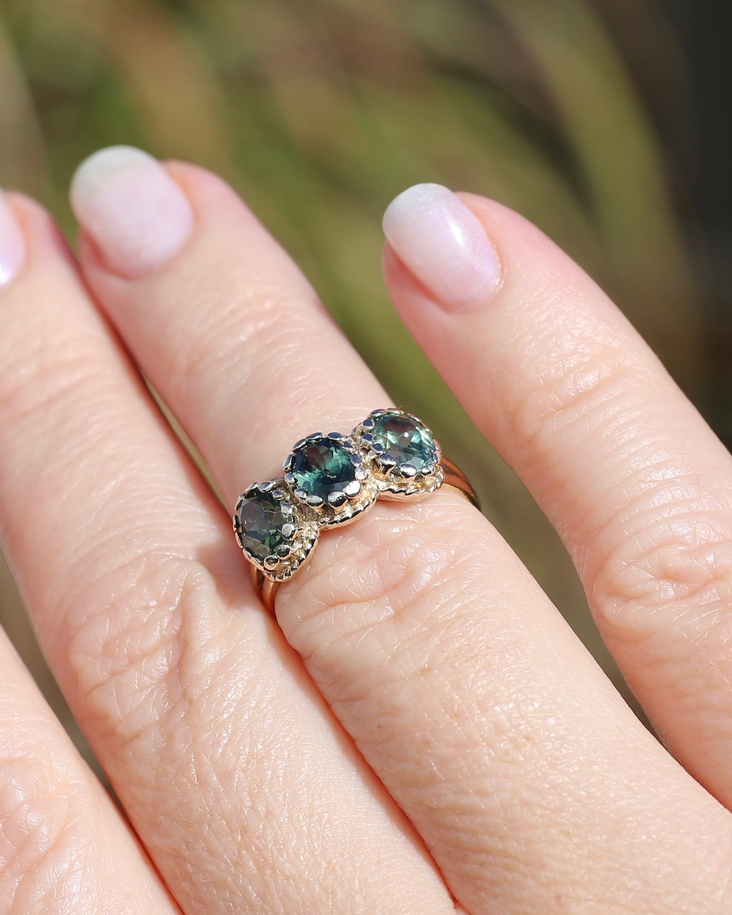 3ct Green Parti Sapphire Claw Set Vintage Ring, 9ct Yellow Gold, size 6 or L1/2