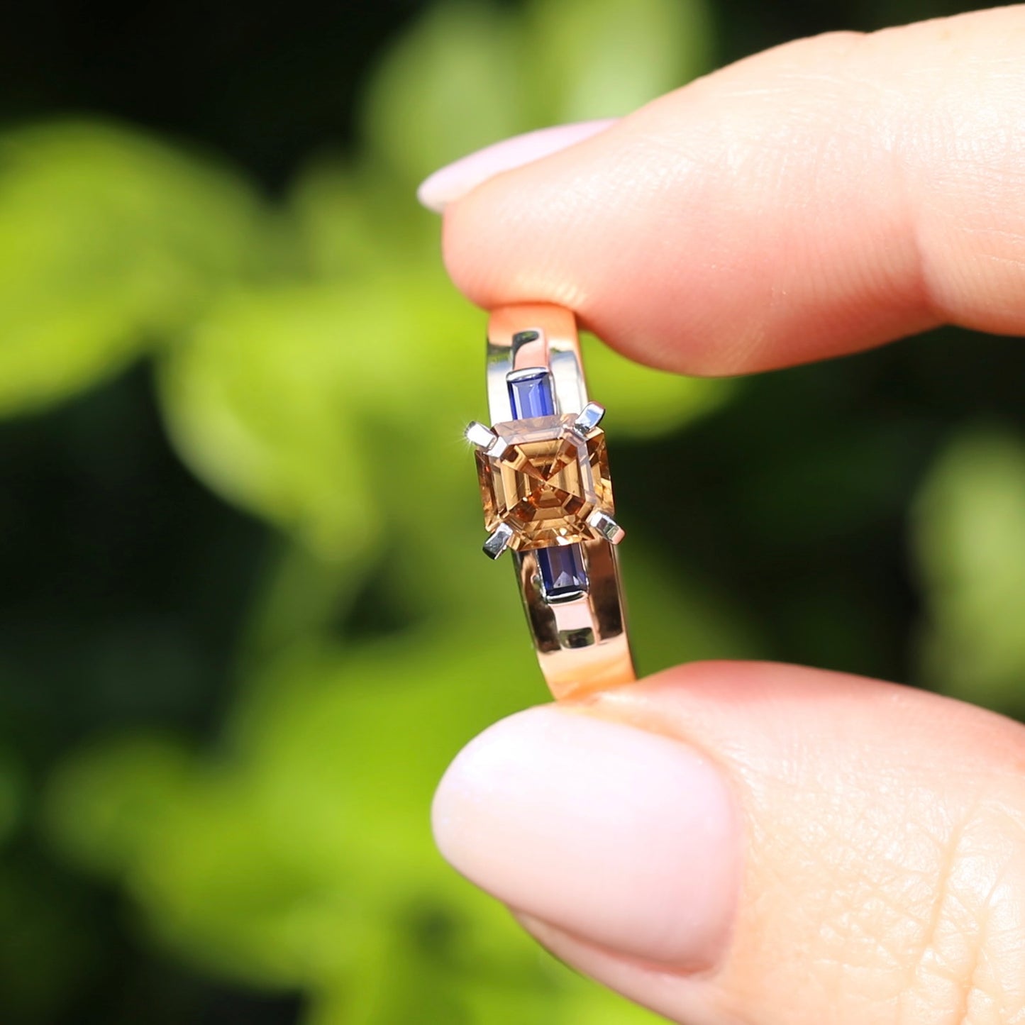 1.74ct Asscher Cut Cognac Zircon with Baguette Synthetic Sapphires in Mixed White and Yellow Gold 9ct Ring, size 8.75 or just over R