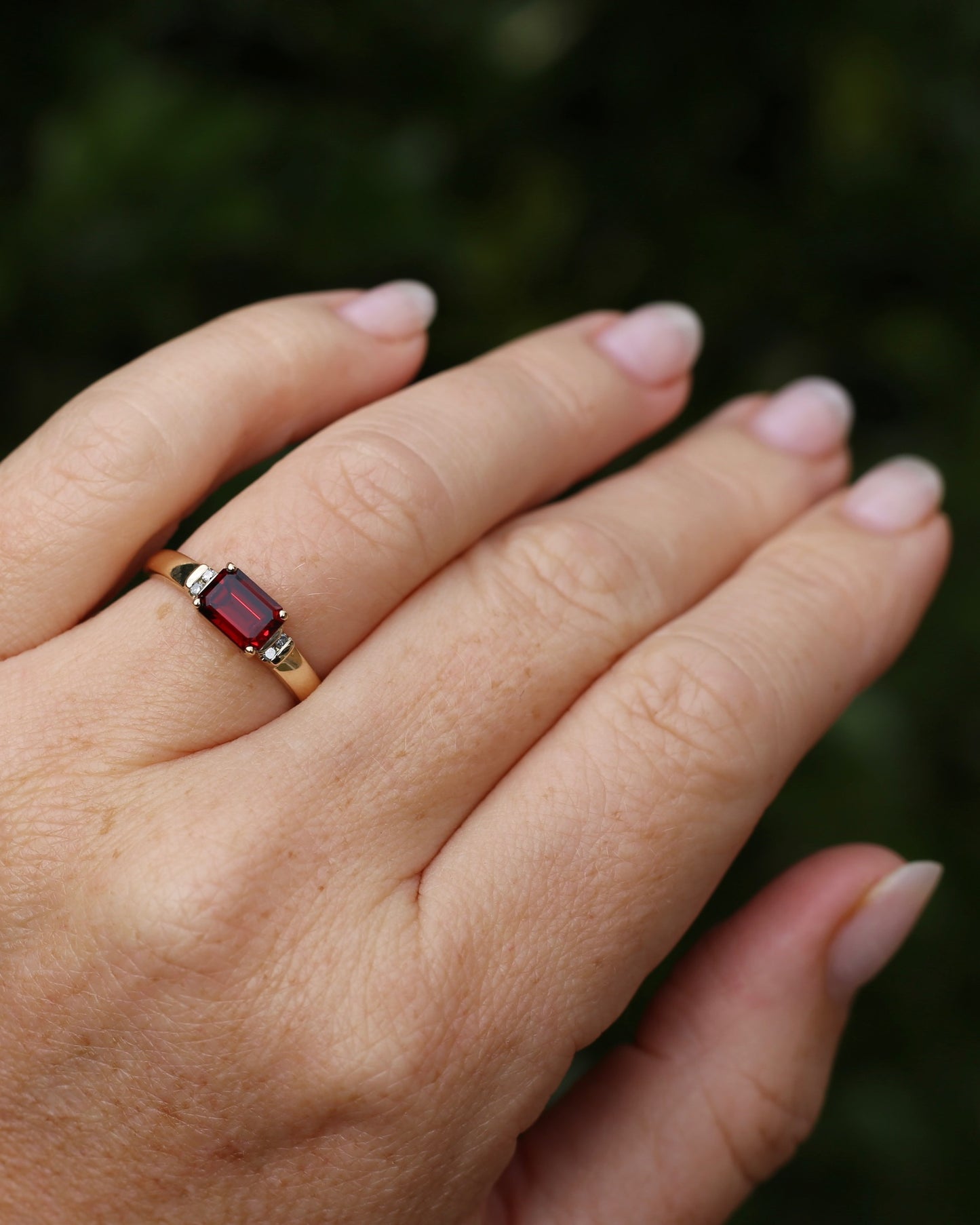 East African East West Set Emerald Cut Garnet and Diamond side stones, 9ct Yellow Gold, size P1/2 or 8