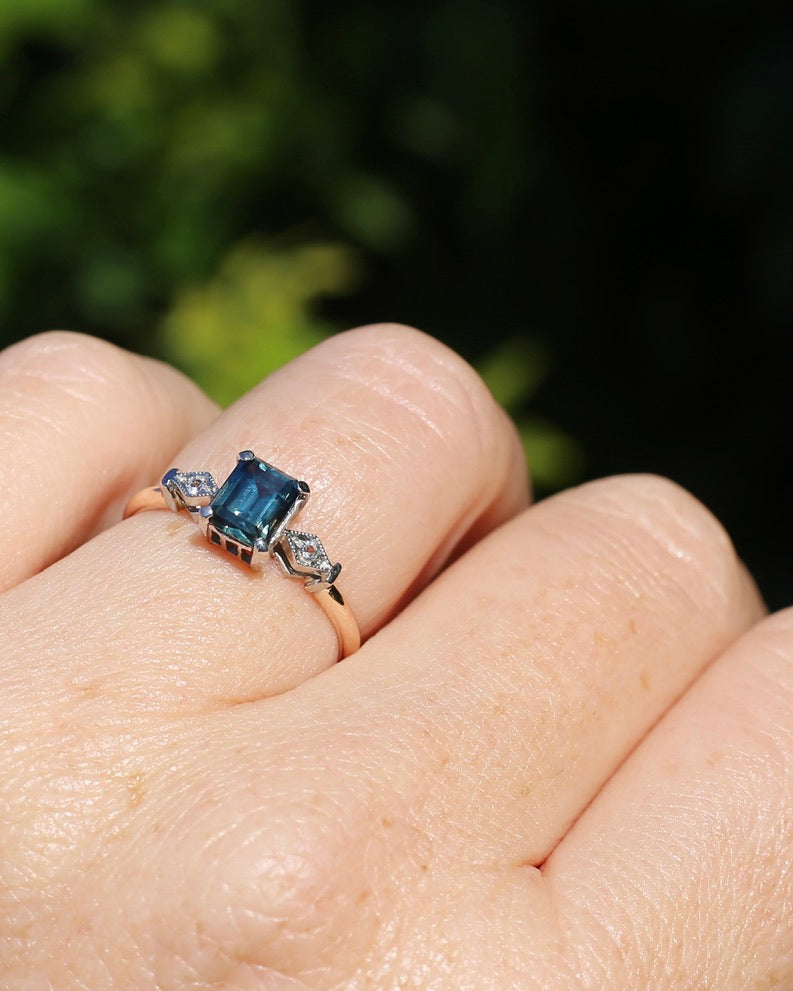1.09ct Emerald Cut Teal Australian Sapphire With Diamonds in Vintage Trilogy Setting, 9ct Yellow and White Gold, size N1/2 or 6.75, 2.05g