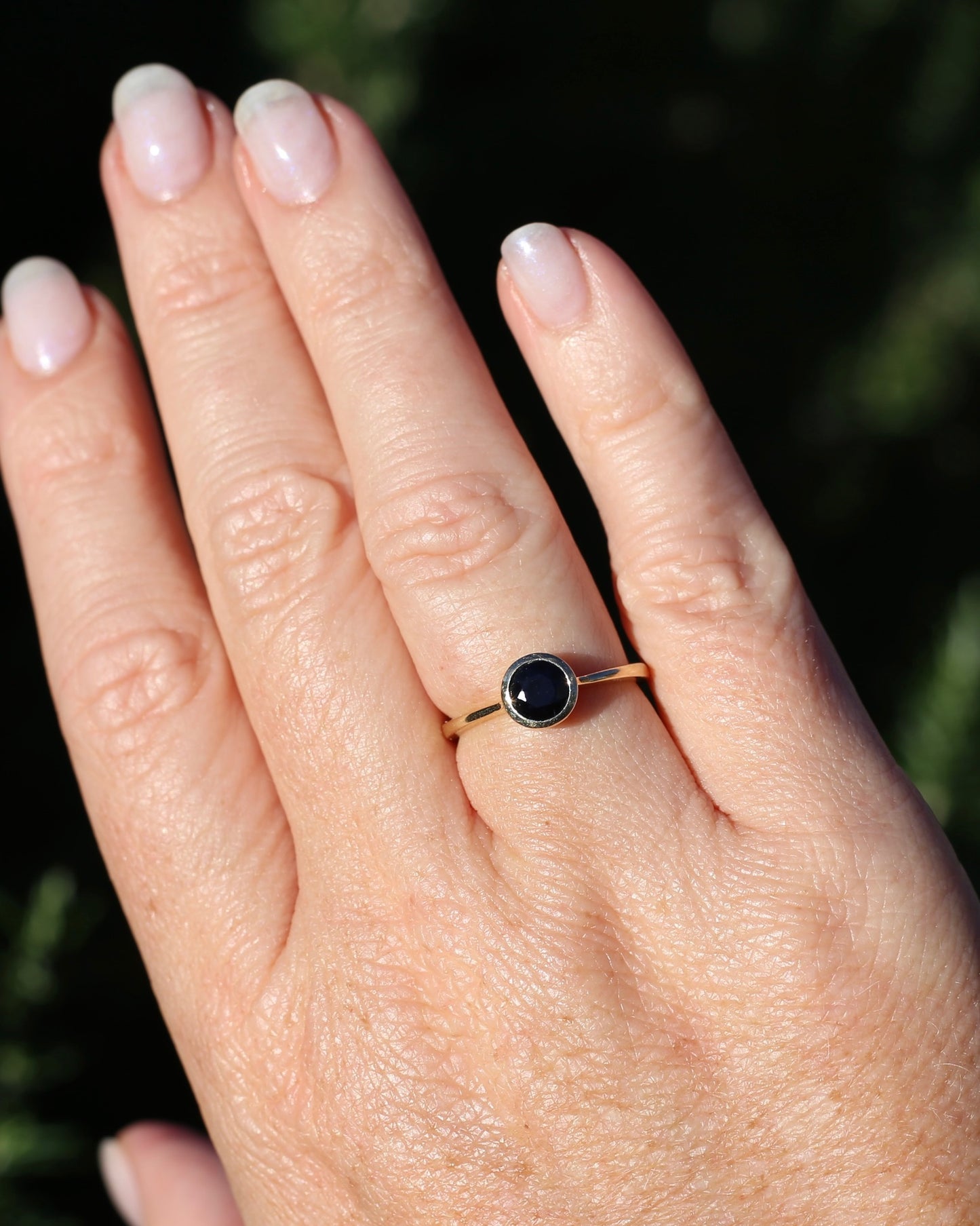 Bezel Set Opaque Navy Sapphire, 9ct Yellow Gold, size O or 7.25