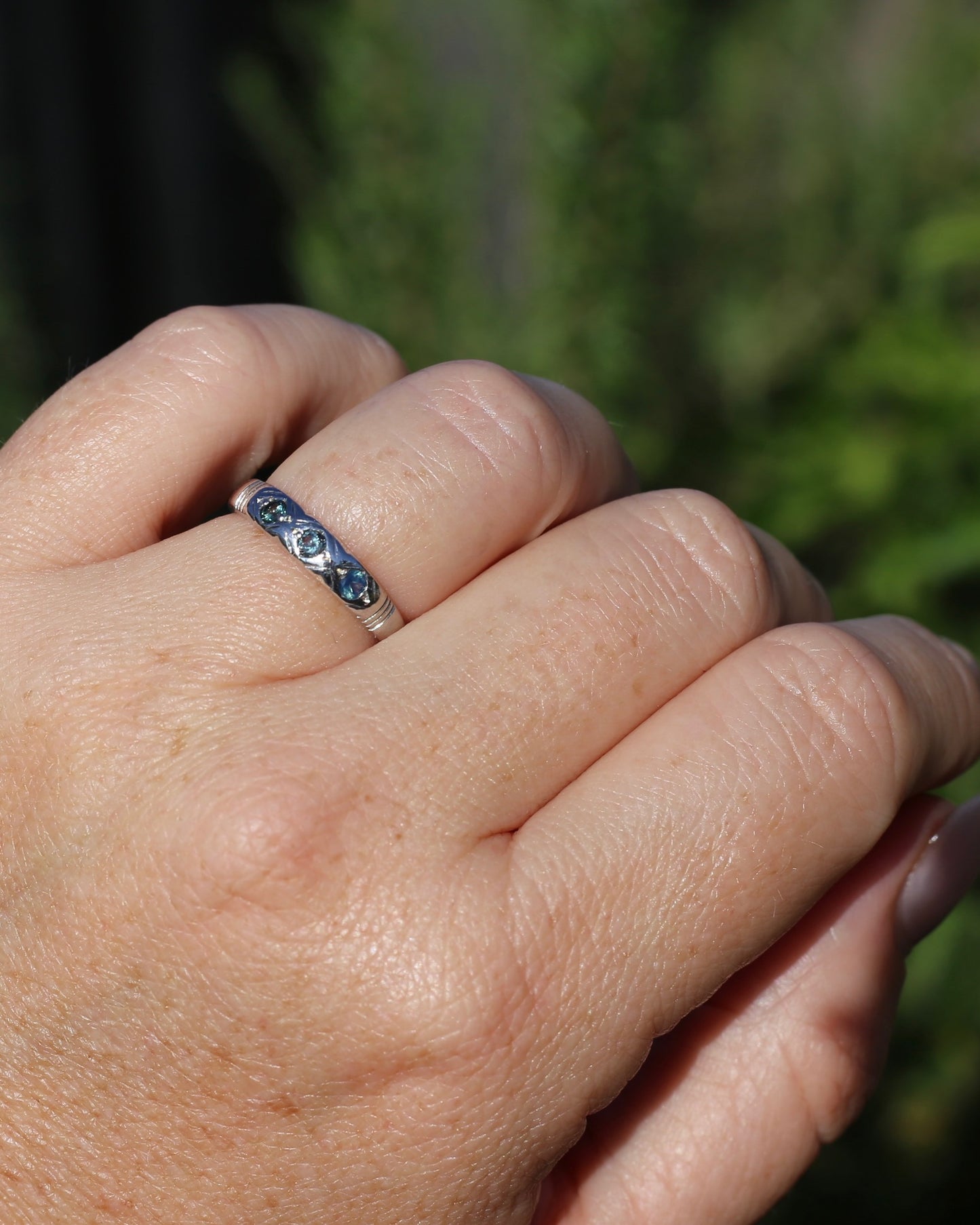 ON HOLD Australian Parti Sapphire Trilogy, 9ct White Gold Band, size N1/2 or just under 7, 2.67g