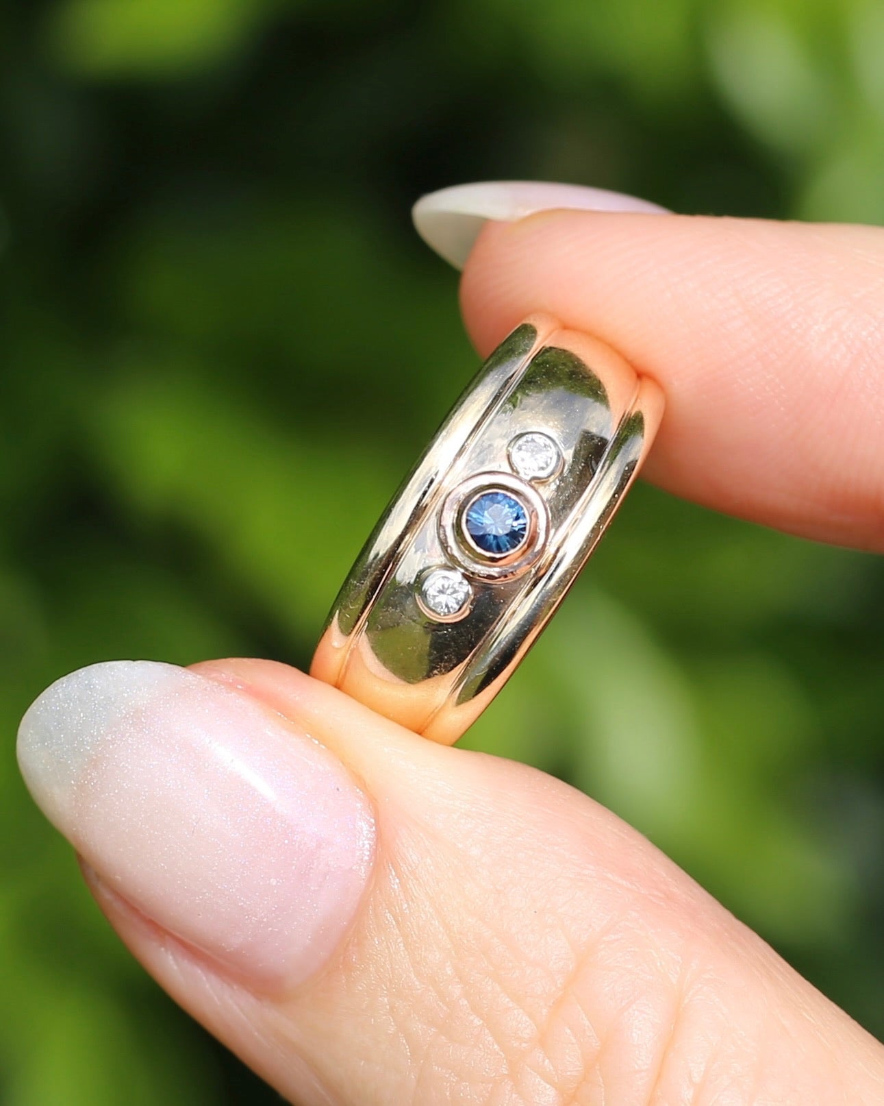 Bezel Set Parti Sapphire and Diamond Trilogy, Chunky Yellow Gold, size O1/2 or 7.5 (will fit smaller due to width)
