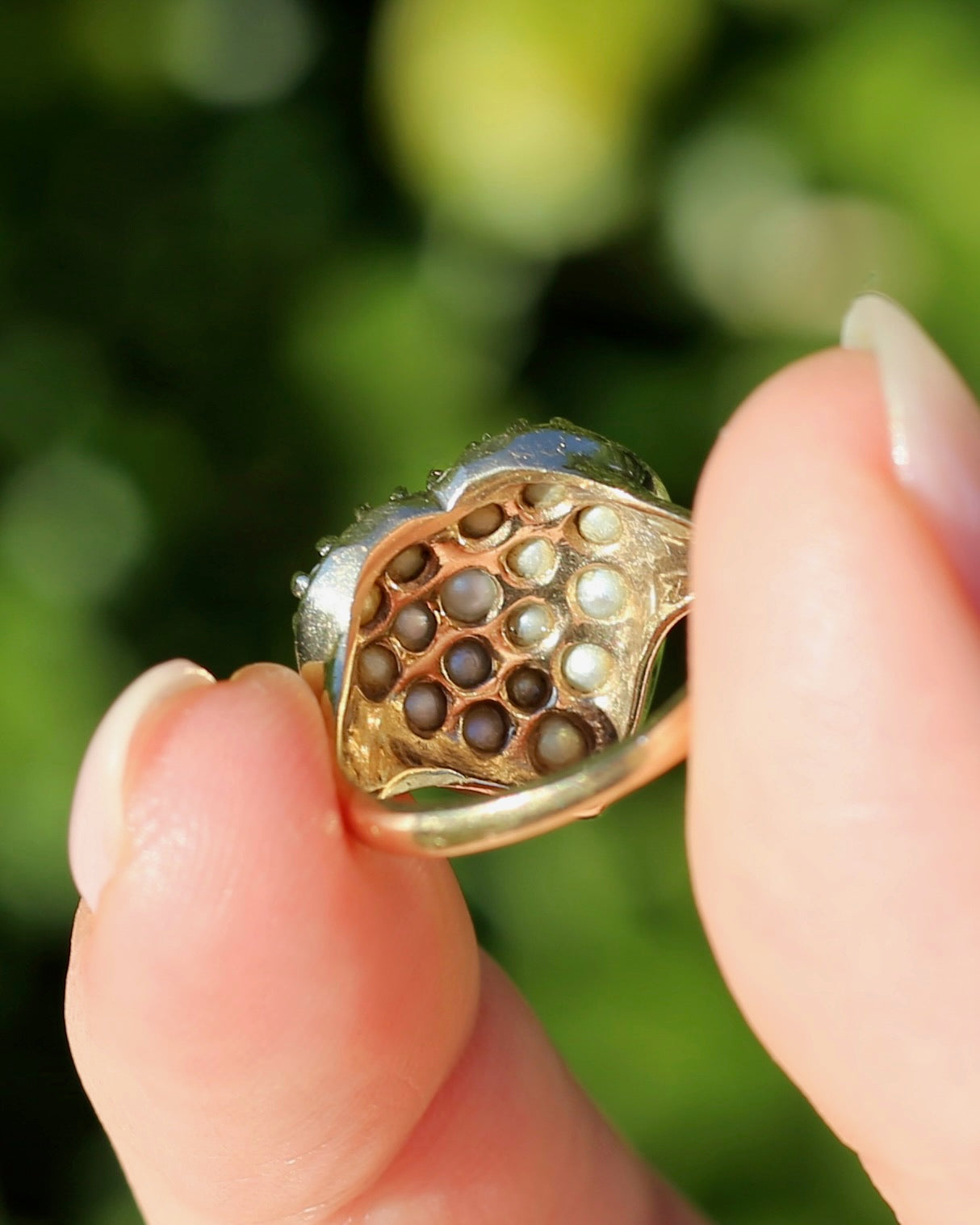 Vintage Heart Pearl Cluster Ring, 10ct Yellow Gold, size K or 5.25
