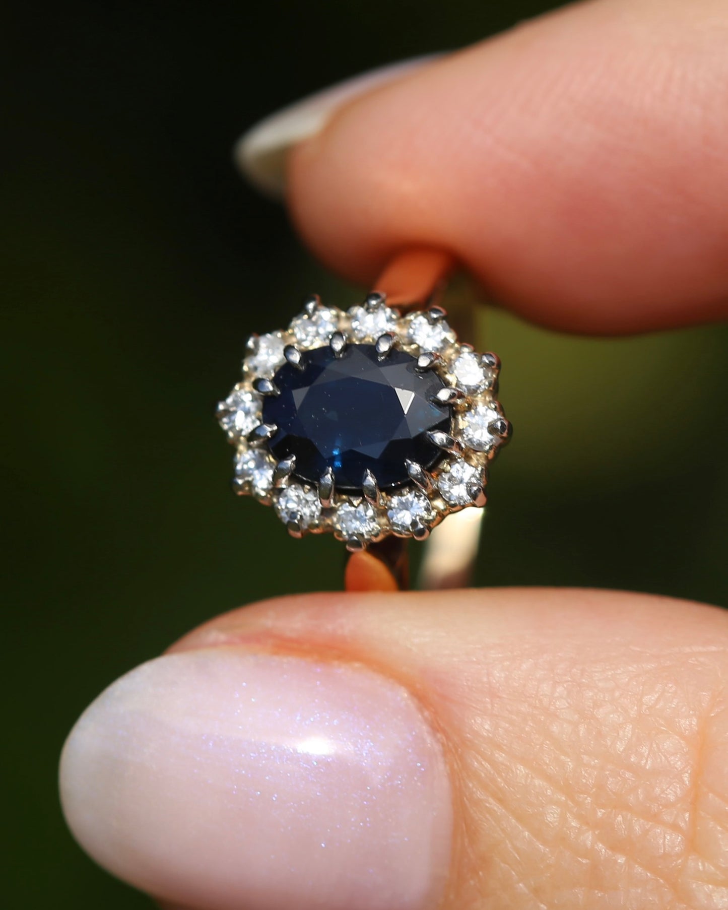 Vintage Natural Sapphire and Diamond Halo, 9ct Yellow and White Gold, size N1/2 or 7