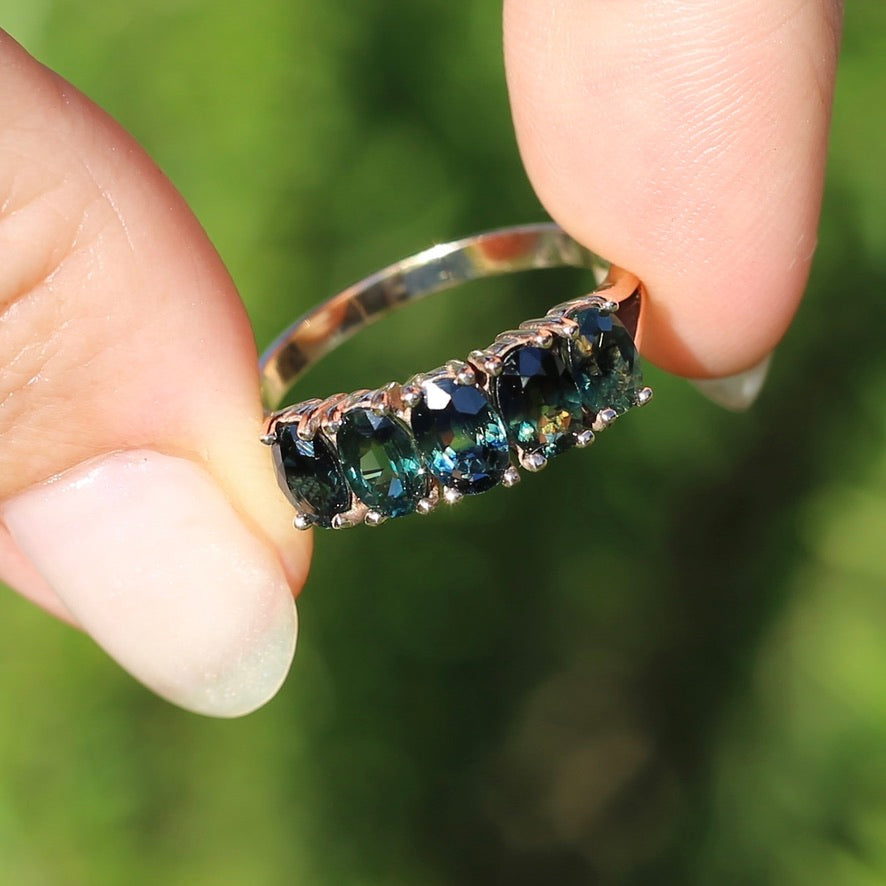 3 Carat Five Stone Parti Sapphire Ring, 9ct Yellow Gold, size R1/2 or nearly 9, with valuation