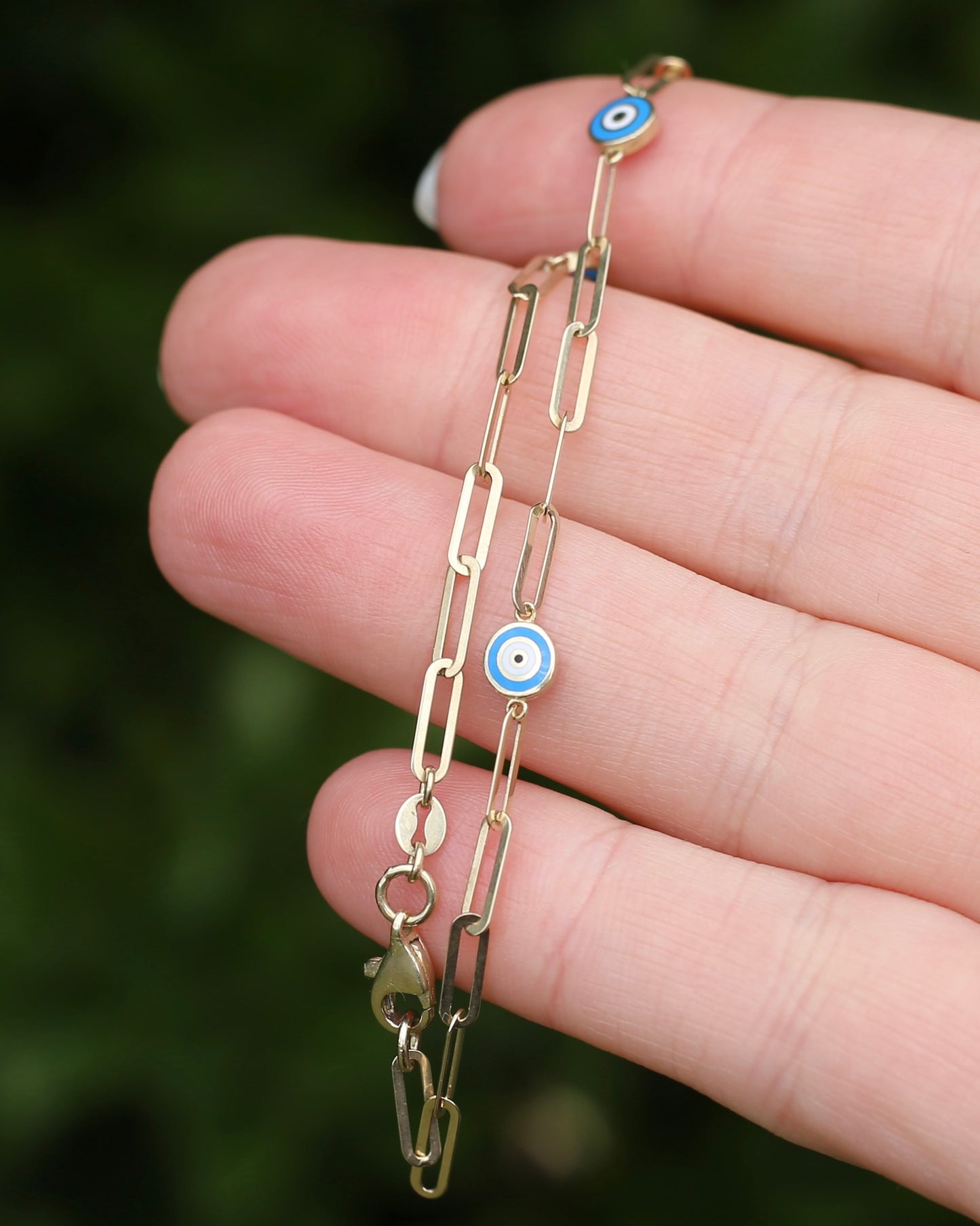 Delicate Paperclip and Enamel Evil Eye Bracelet, 9ct Yellow Gold, 19.5cm or 7.75inches