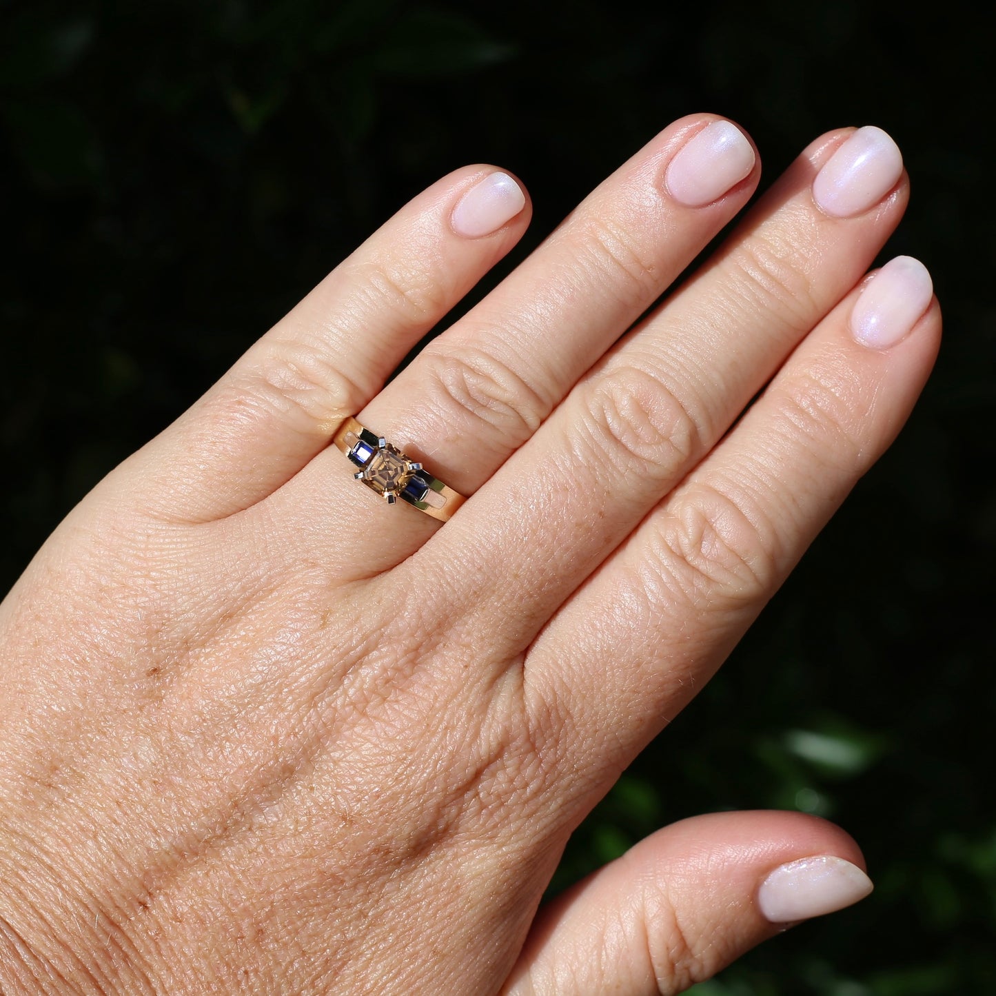 1.74ct Asscher Cut Cognac Zircon with Baguette Synthetic Sapphires in Mixed White and Yellow Gold 9ct Ring, size 8.75 or just over R