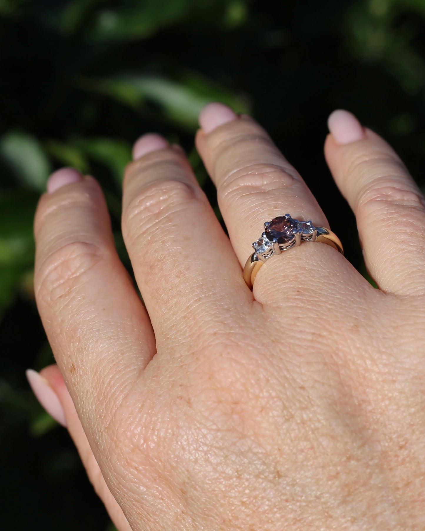 1.31ct Natural Caramel Zircon and Old Cut White Zircon Trilogy Ring, 9ct Gold, size N1/2 or just under 7, 3.72g