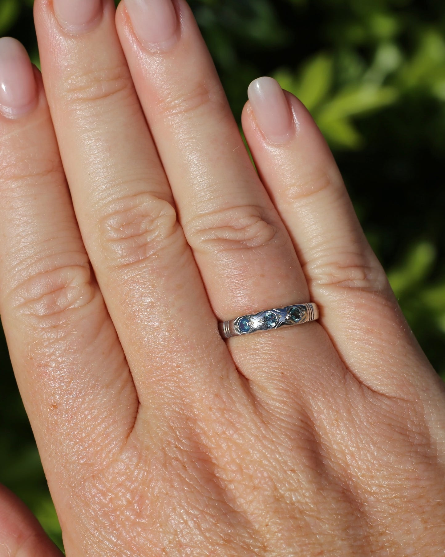 ON HOLD Australian Parti Sapphire Trilogy, 9ct White Gold Band, size N1/2 or just under 7, 2.67g