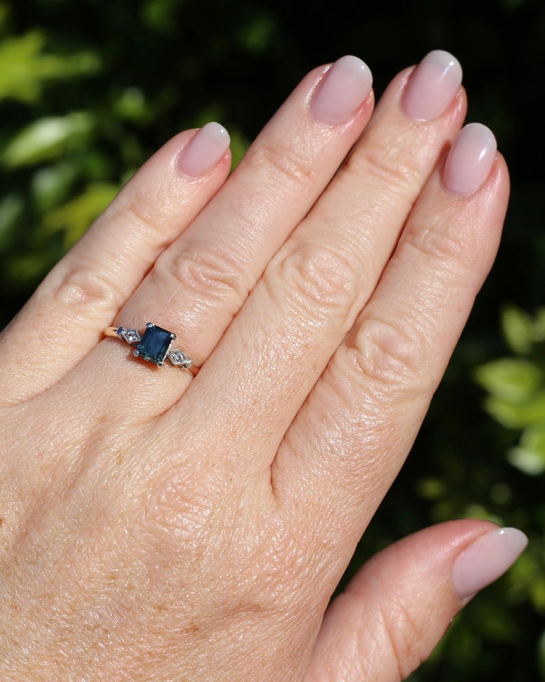 1.09ct Emerald Cut Teal Australian Sapphire With Diamonds in Vintage Trilogy Setting, 9ct Yellow and White Gold, size N1/2 or 6.75, 2.05g