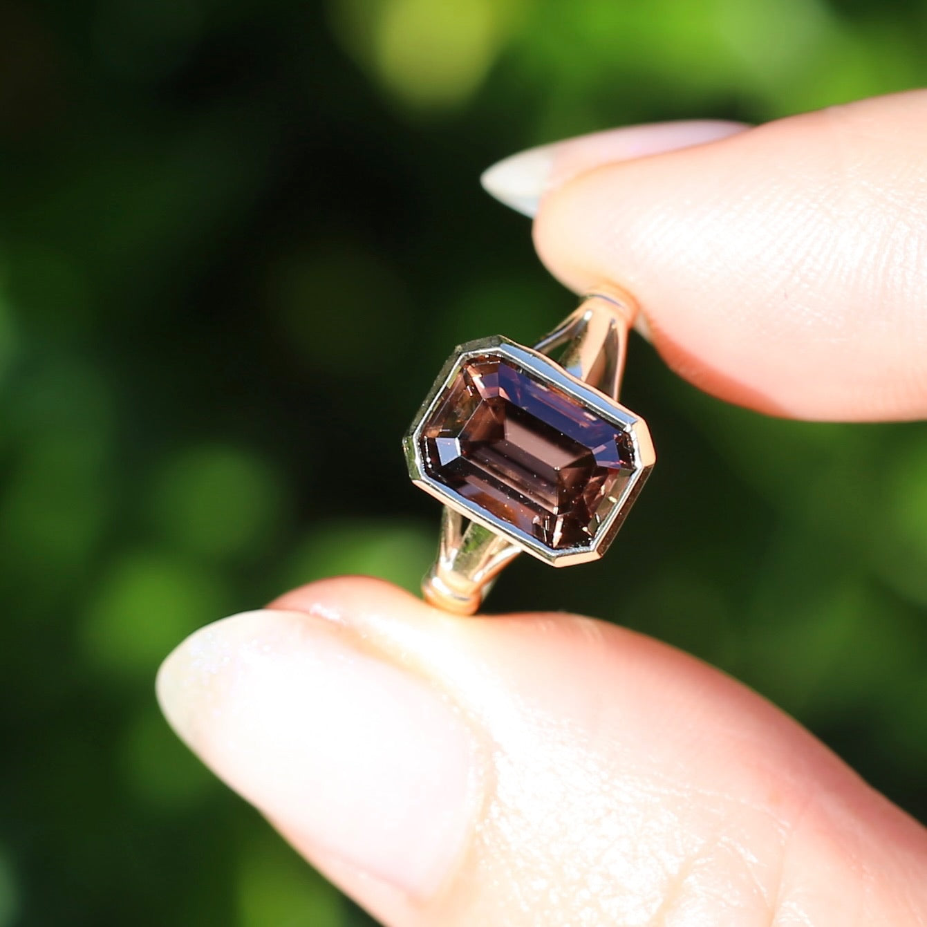 Custom Cut 4.36ct Octagonal Brown Zircon, Bezel Set, 9ct Yellow Gold, size L1/2 or 6