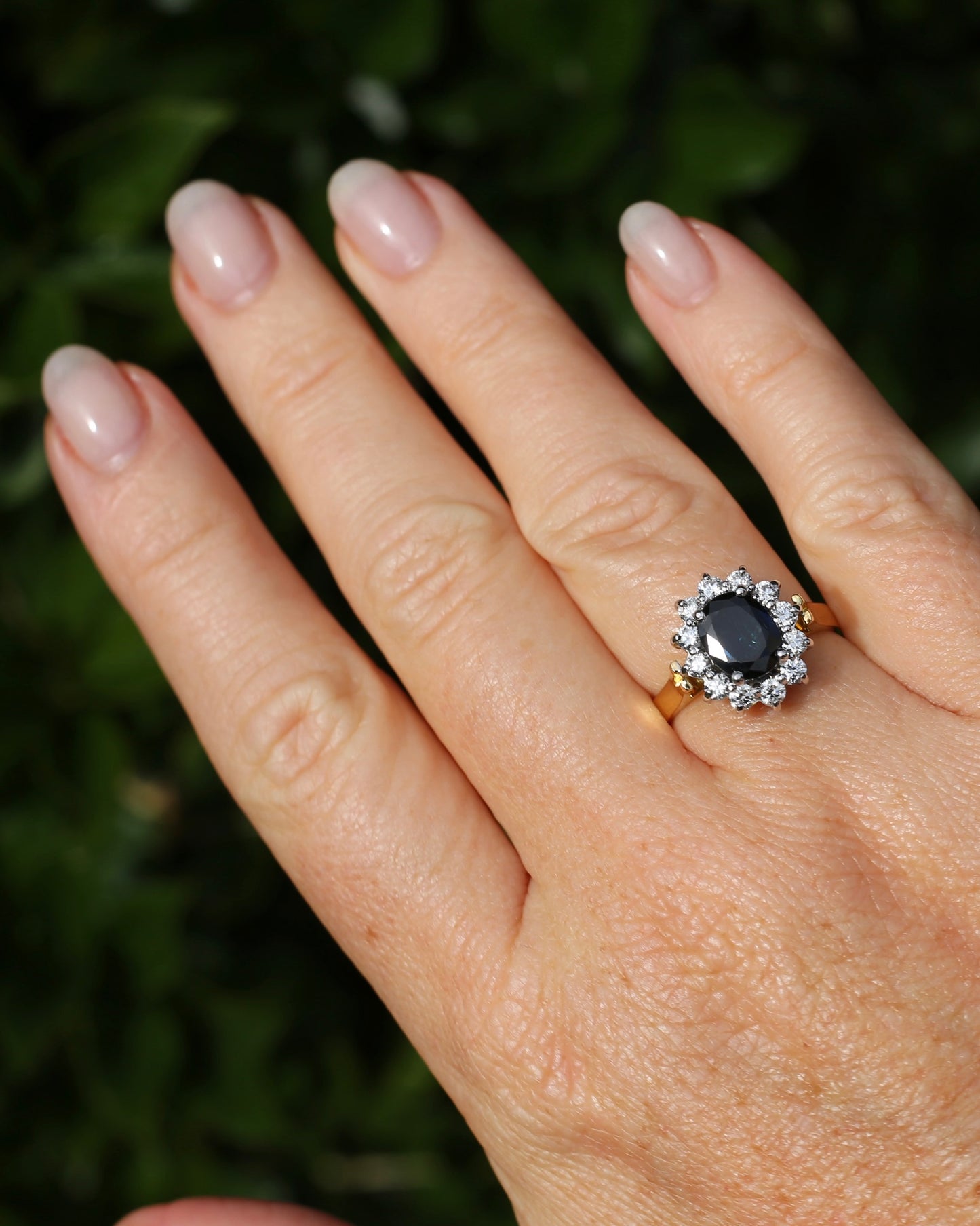 Vintage c1980s Diana Halo, Natural Sapphire and Diamond Halo, 18ct Yellow and White Gold, size P or 7.75 with valuation