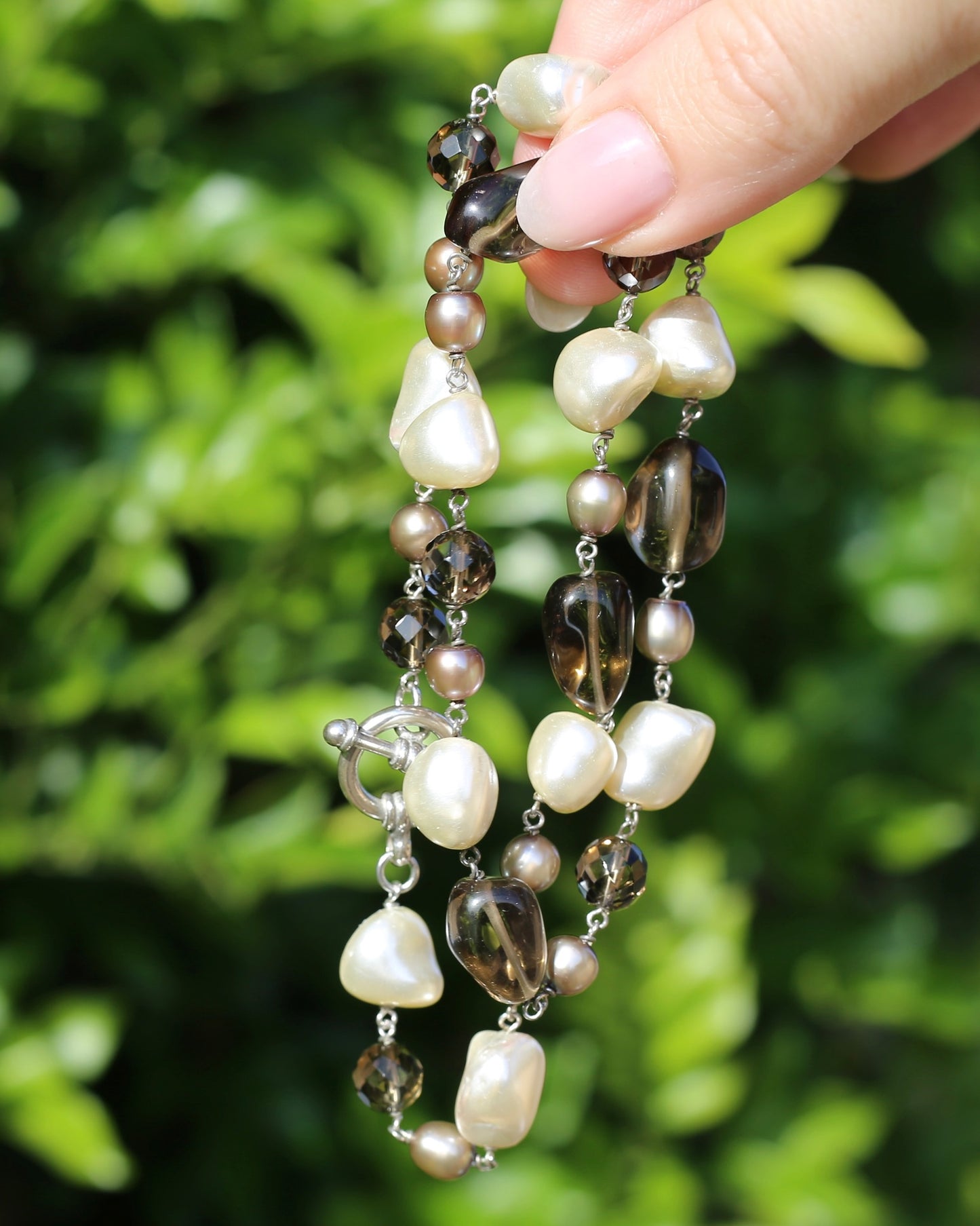 Baroque White Pearl, Grey Pearl and Smoky Quartz Neckalce, Silver Clasp and Findings, 43g