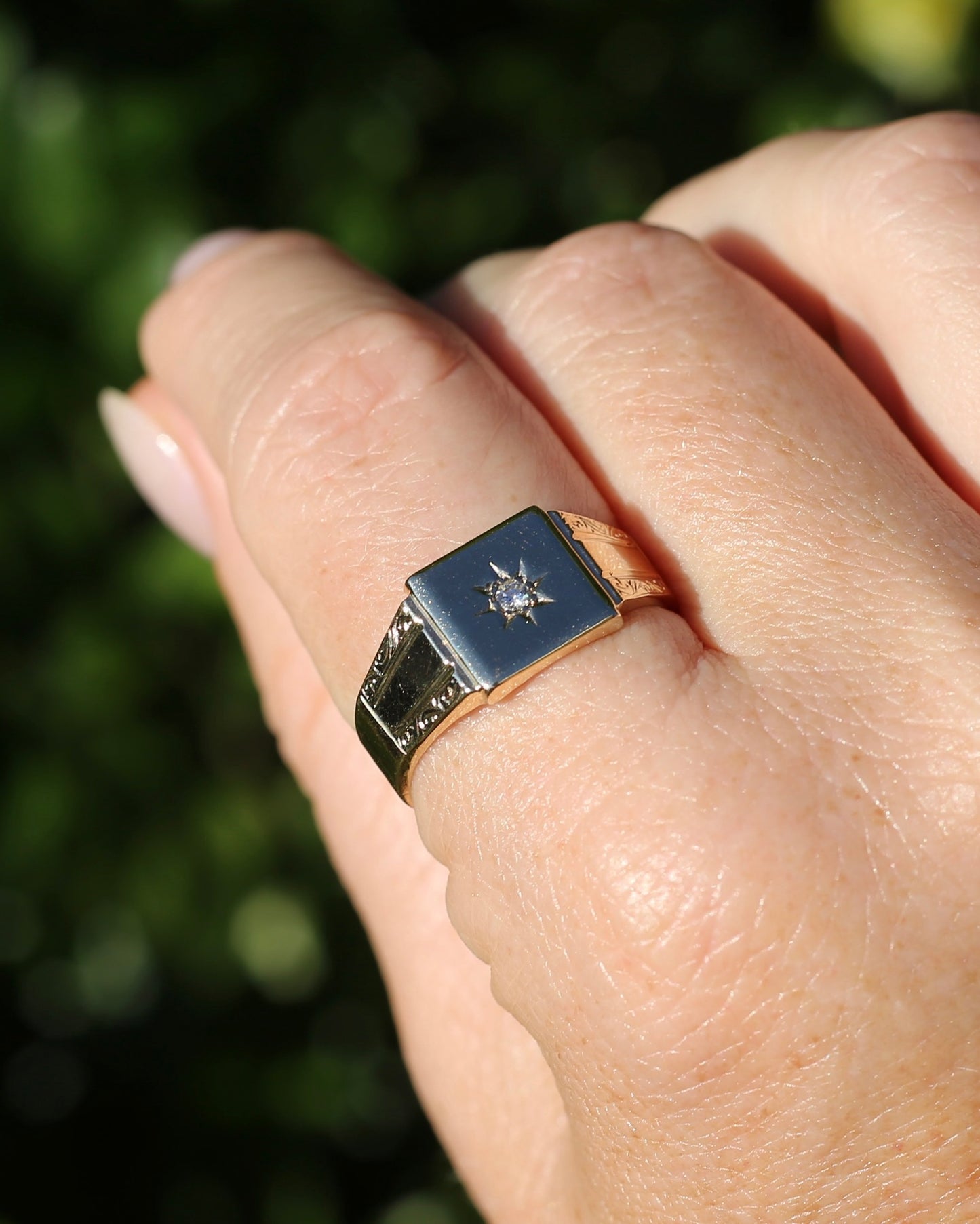 1984 Made Vintage Star Set Diamond Signet Ring, 9ct Yellow Gold, size V or 10.5