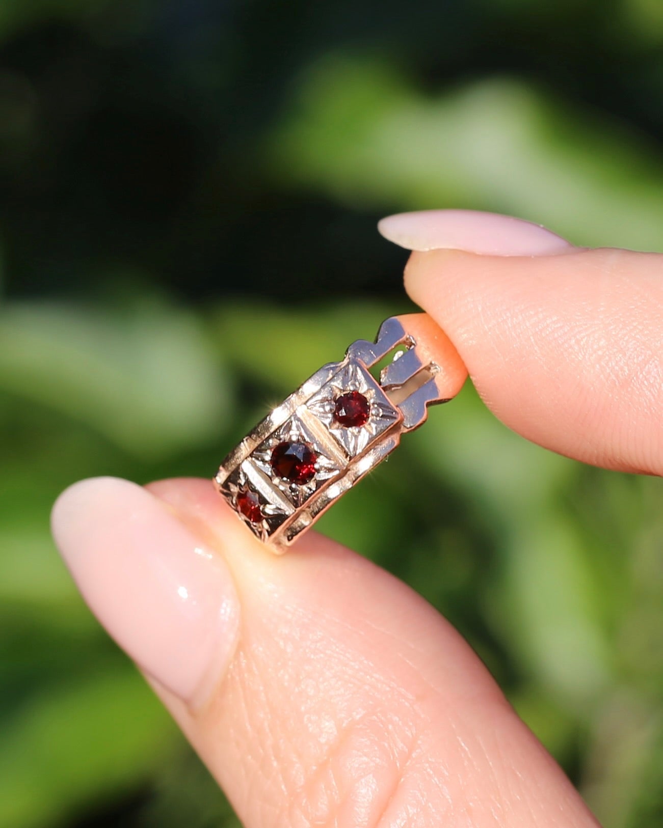 Vintage Victorian Revival Garnet Trilogy Star Set Ring, 9ct Rosey Gold, size P or 7.75, 3.16g
