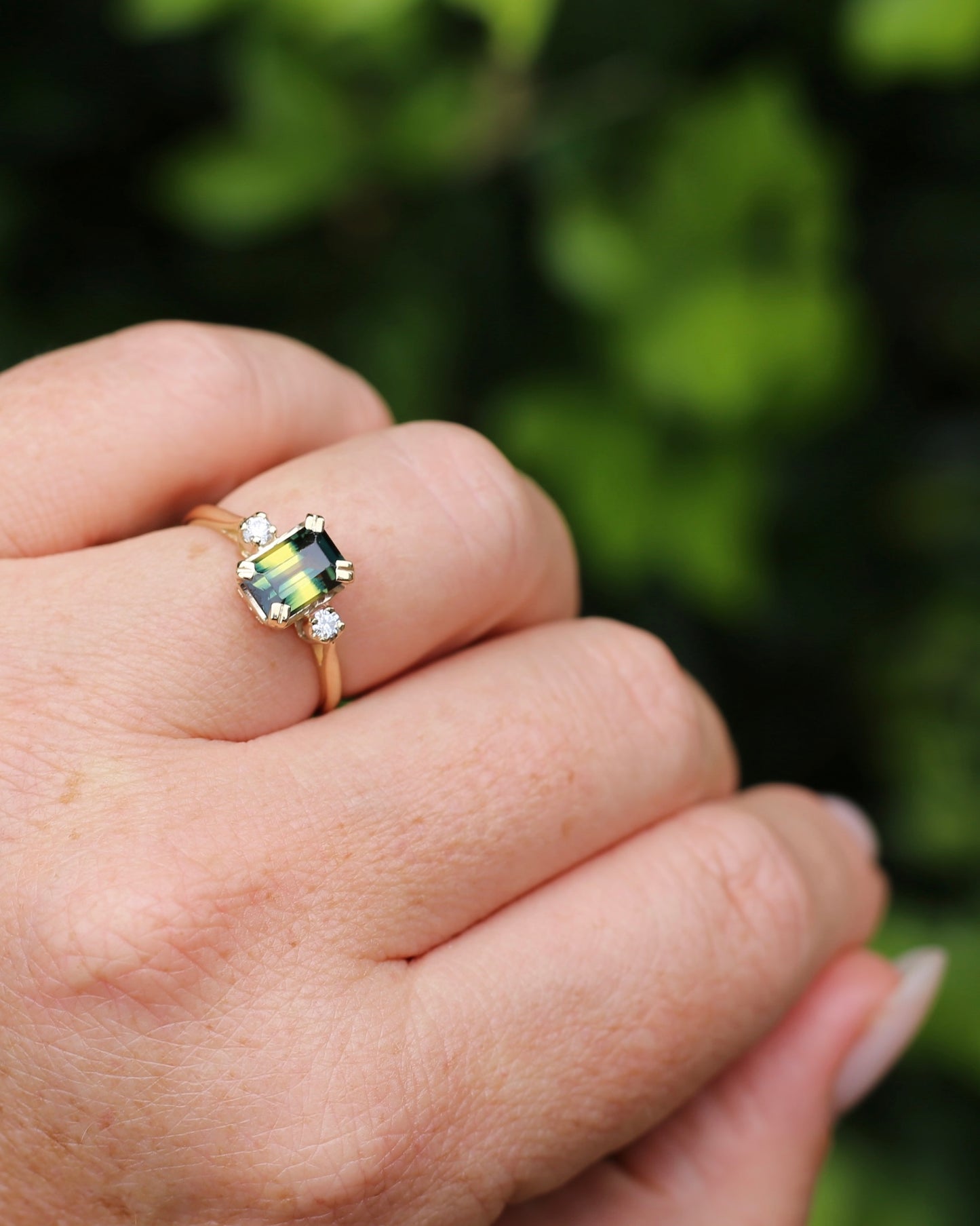 Vintage 1.5ct Emerald Cut Parti Sapphire and Diamond trilogy, 9ct Yellow Gold, size N or 6.75