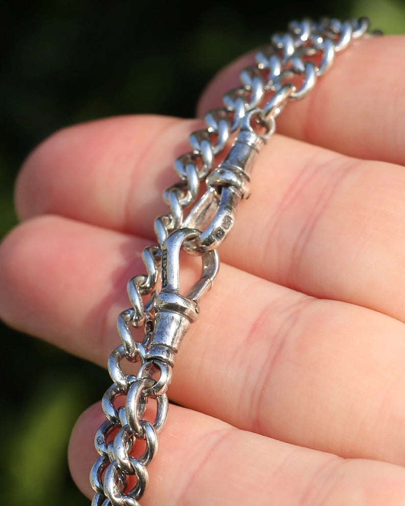 Antique 1913-1914 Birmingham Made Curb Link Watch Chain, Double Albert Clasp, Sterling Silver, 41.5cm