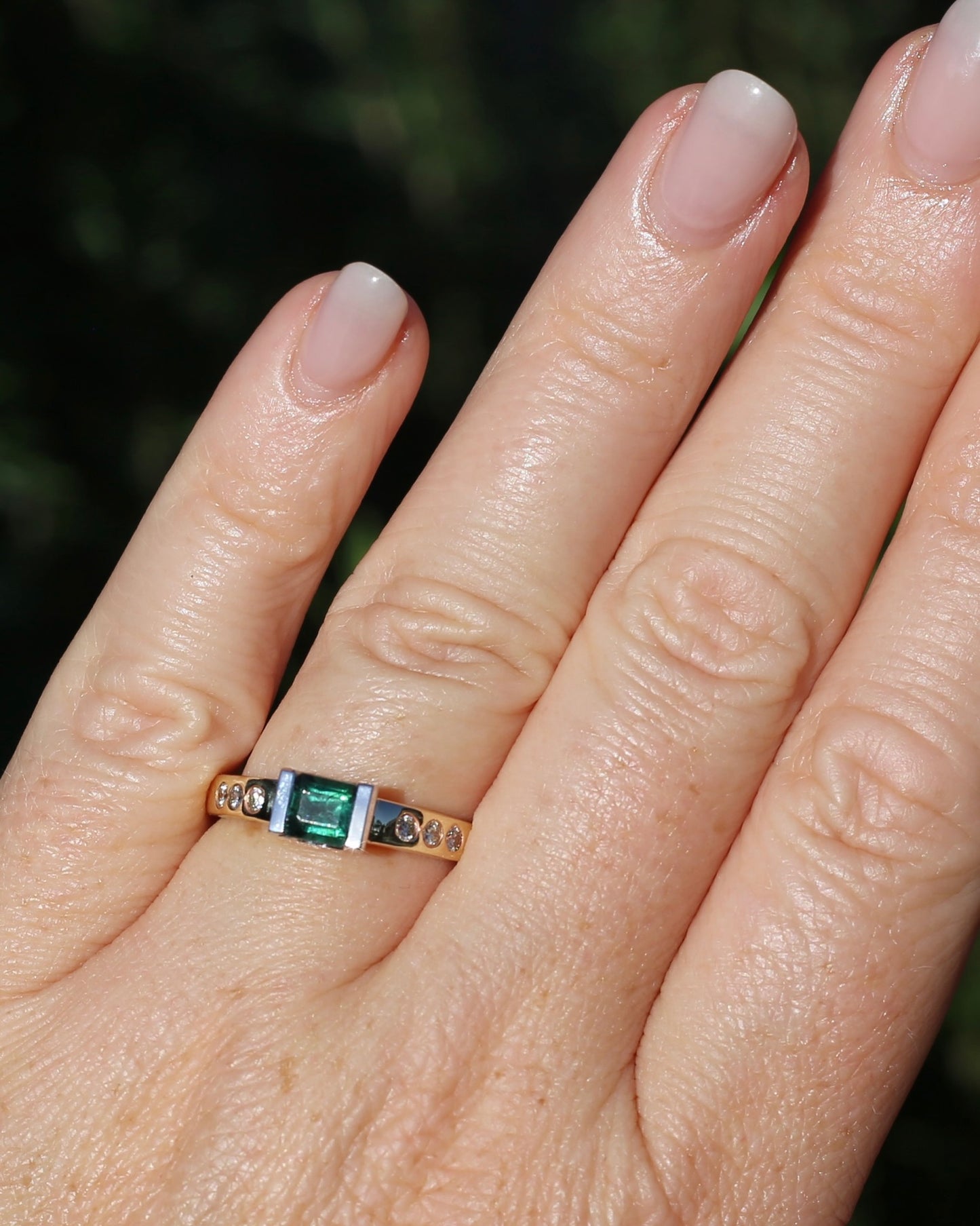 Vintage Chunky East West Set Semi Bezel Tourmaline and Flush Set Diamonds, 9ct Yellow and White Gold, size 9 or S, 4.37g