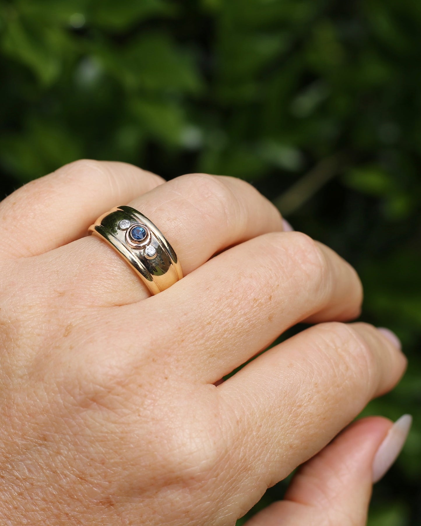 Bezel Set Parti Sapphire and Diamond Trilogy, Chunky Yellow Gold, size O1/2 or 7.5 (will fit smaller due to width)