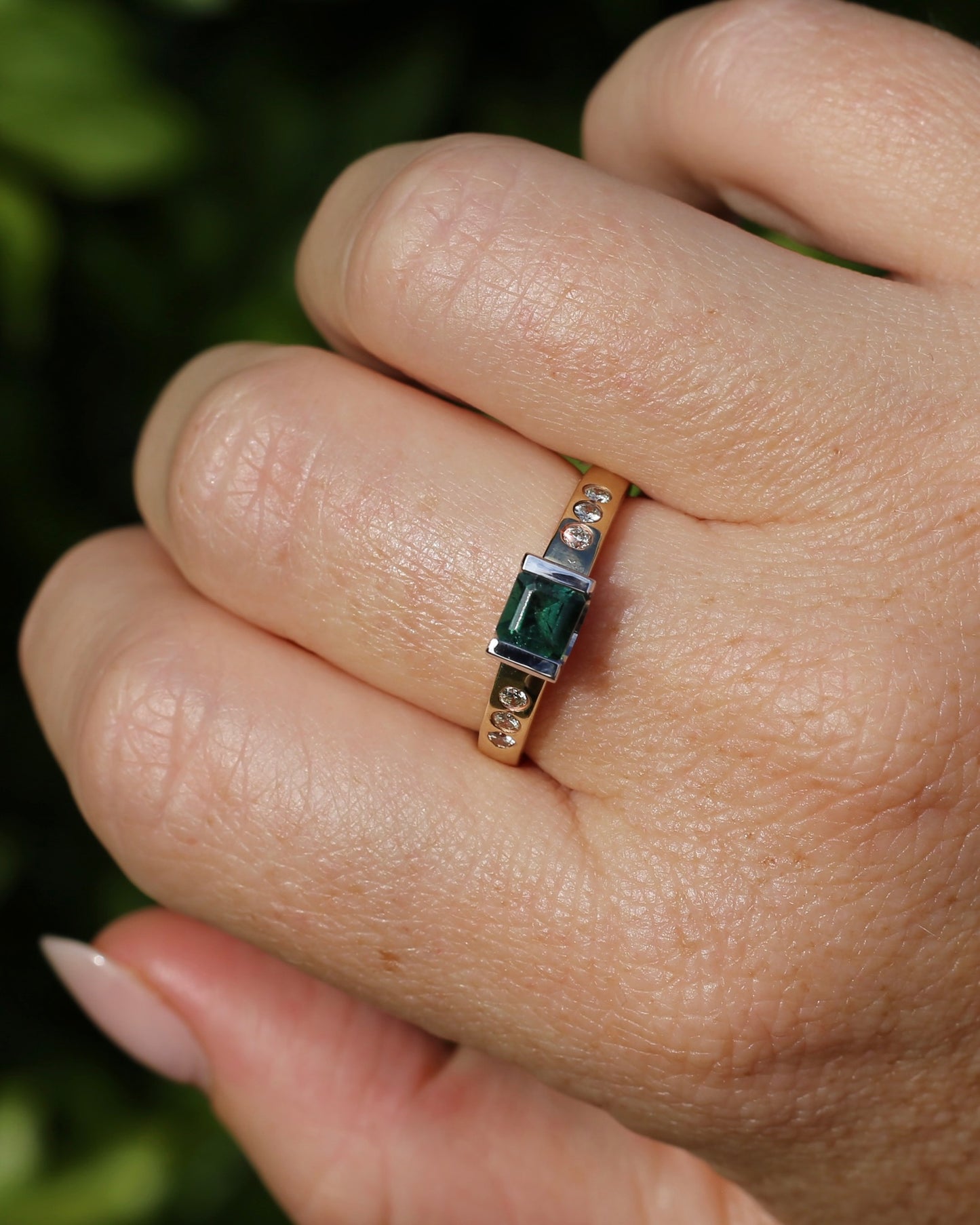 Vintage Chunky East West Set Semi Bezel Tourmaline and Flush Set Diamonds, 9ct Yellow and White Gold, size 9 or S, 4.37g