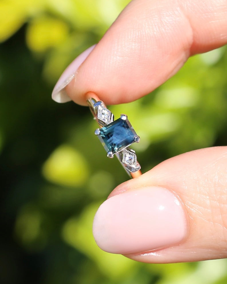 1.09ct Emerald Cut Teal Australian Sapphire With Diamonds in Vintage Trilogy Setting, 9ct Yellow and White Gold, size N1/2 or 6.75, 2.05g