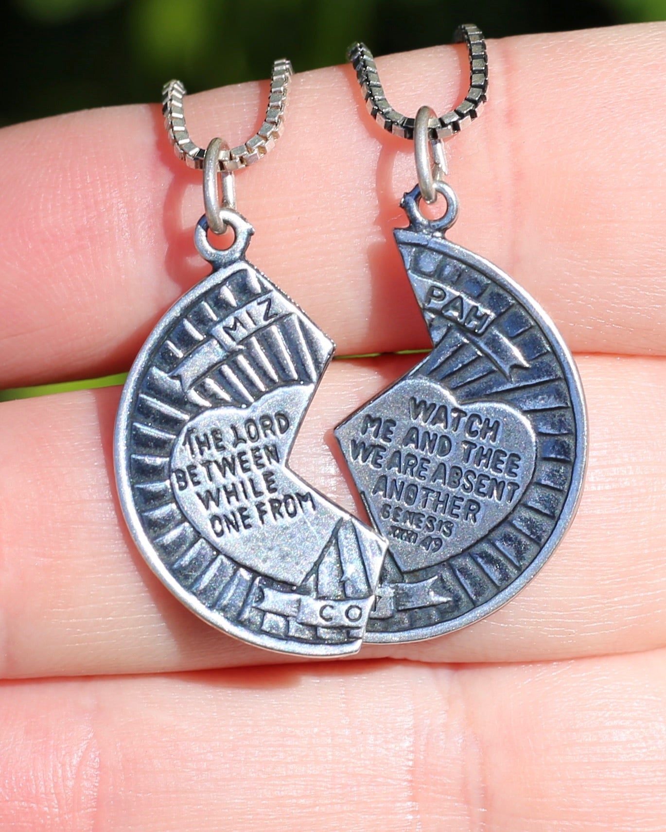 Pair of Vintage Mizpah Pendants on chains, Sterling Silver, 5g (combined) and 7.1g chains