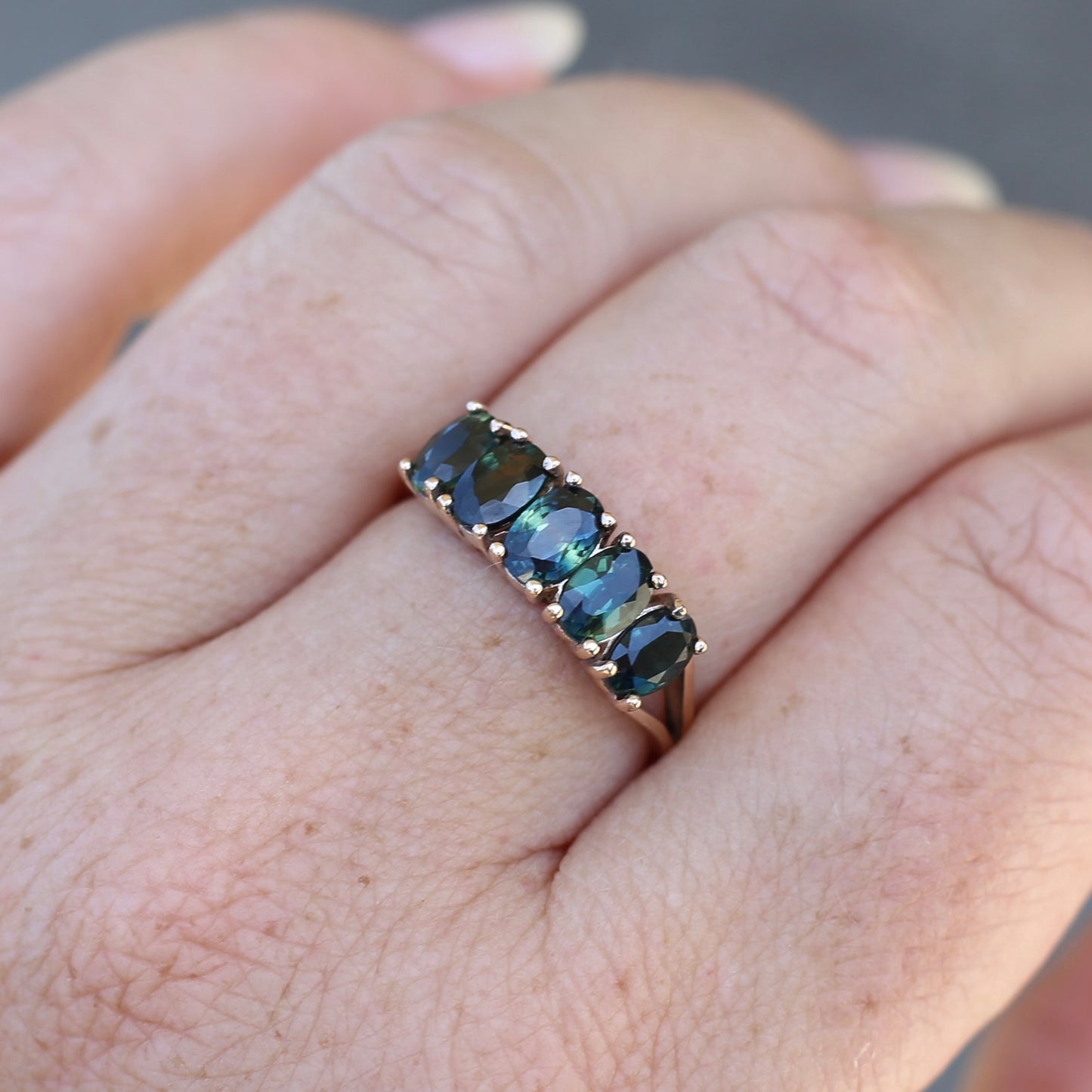 3 Carat Five Stone Parti Sapphire Ring, 9ct Yellow Gold, size R1/2 or nearly 9, with valuation