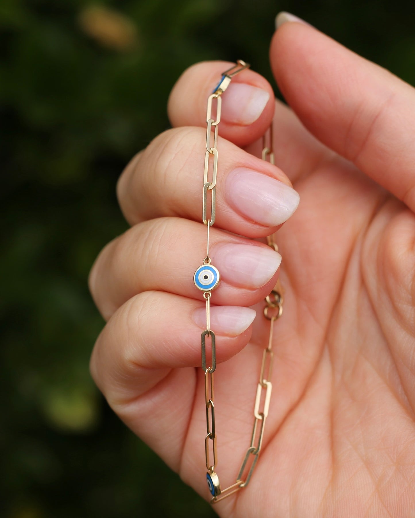 Delicate Paperclip and Enamel Evil Eye Bracelet, 9ct Yellow Gold, 19.5cm or 7.75inches
