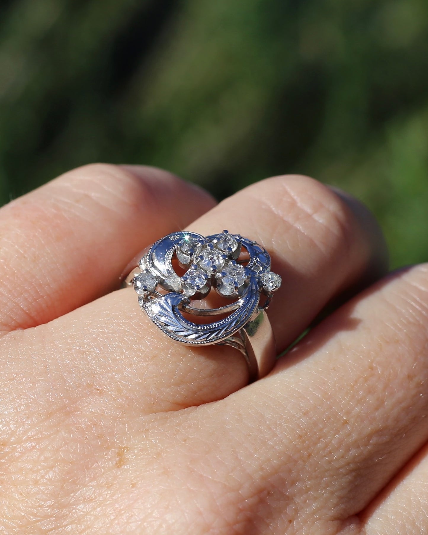 Old Cut and Early Brilliant Cluster Clover Ring, 9ct White Gold, size O or 7