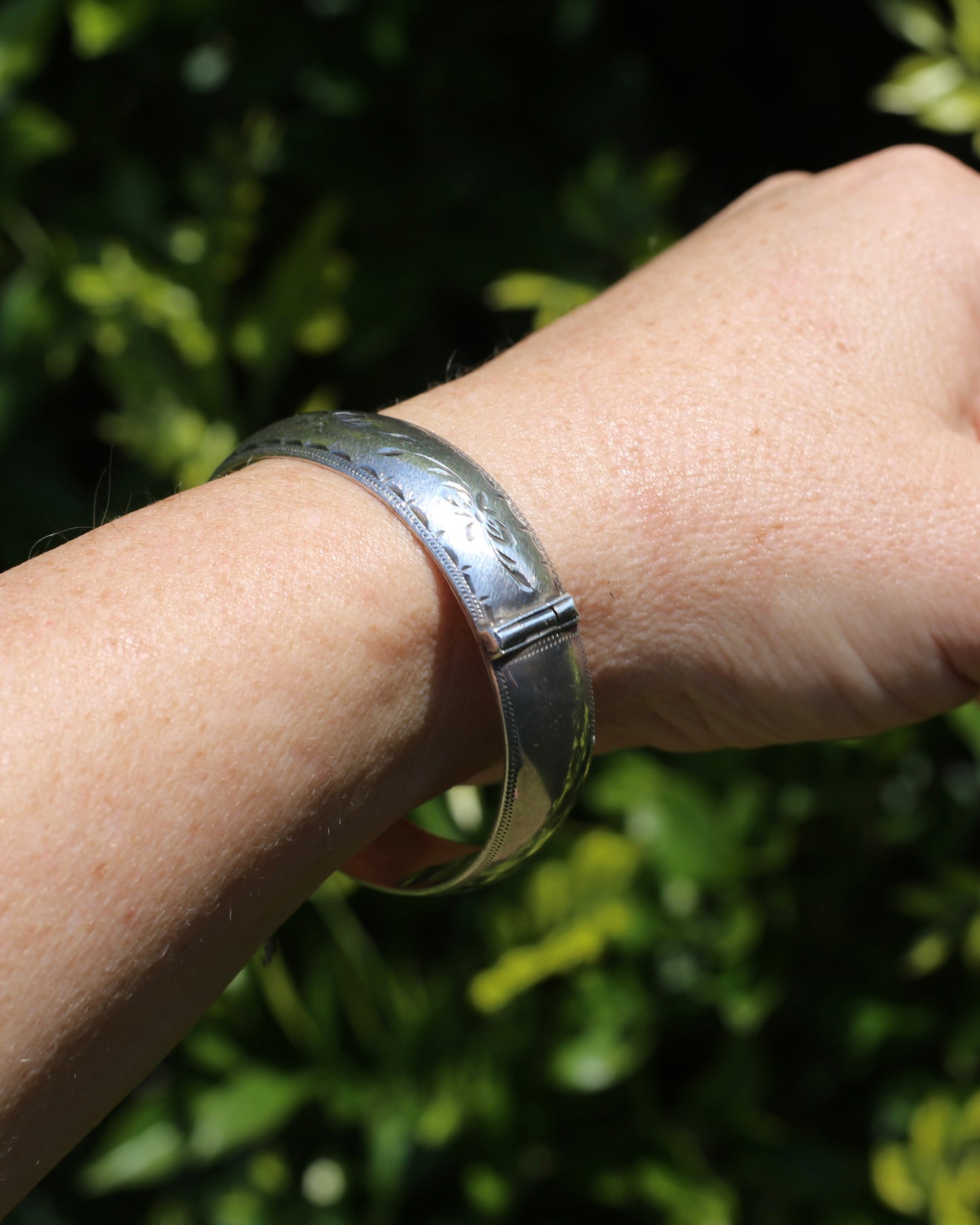 Vintage Hinged Engraved Silver Semi Hollow Bangle, Sterling Silver, 19.2g