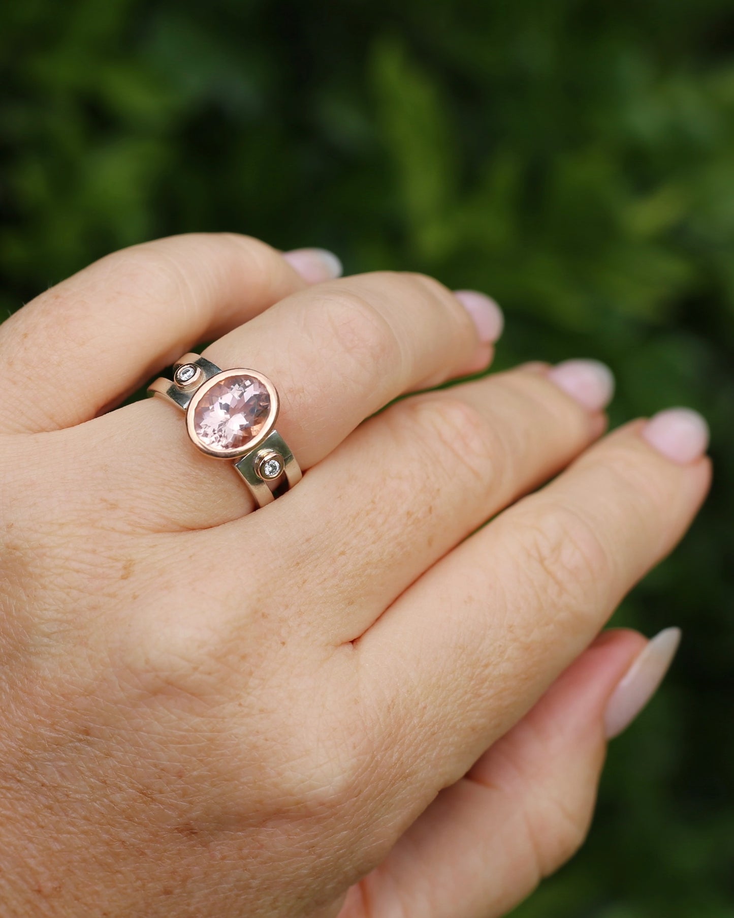 Chunky Bezel Set Morganite and Diamond Ring, 9ct Rose Gold and Silver, size P or 7.5 (fits smaller)